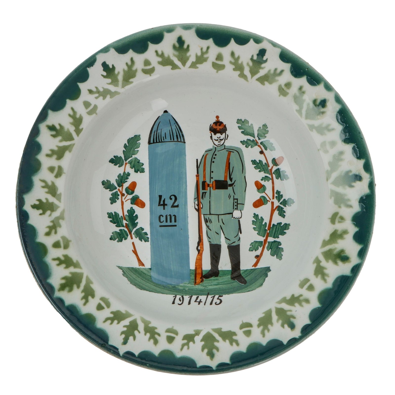 Original Imperial German WWI Field Artillery Wall Plate with Soldier & 42cm Big Bertha Shell - 9” Diameter