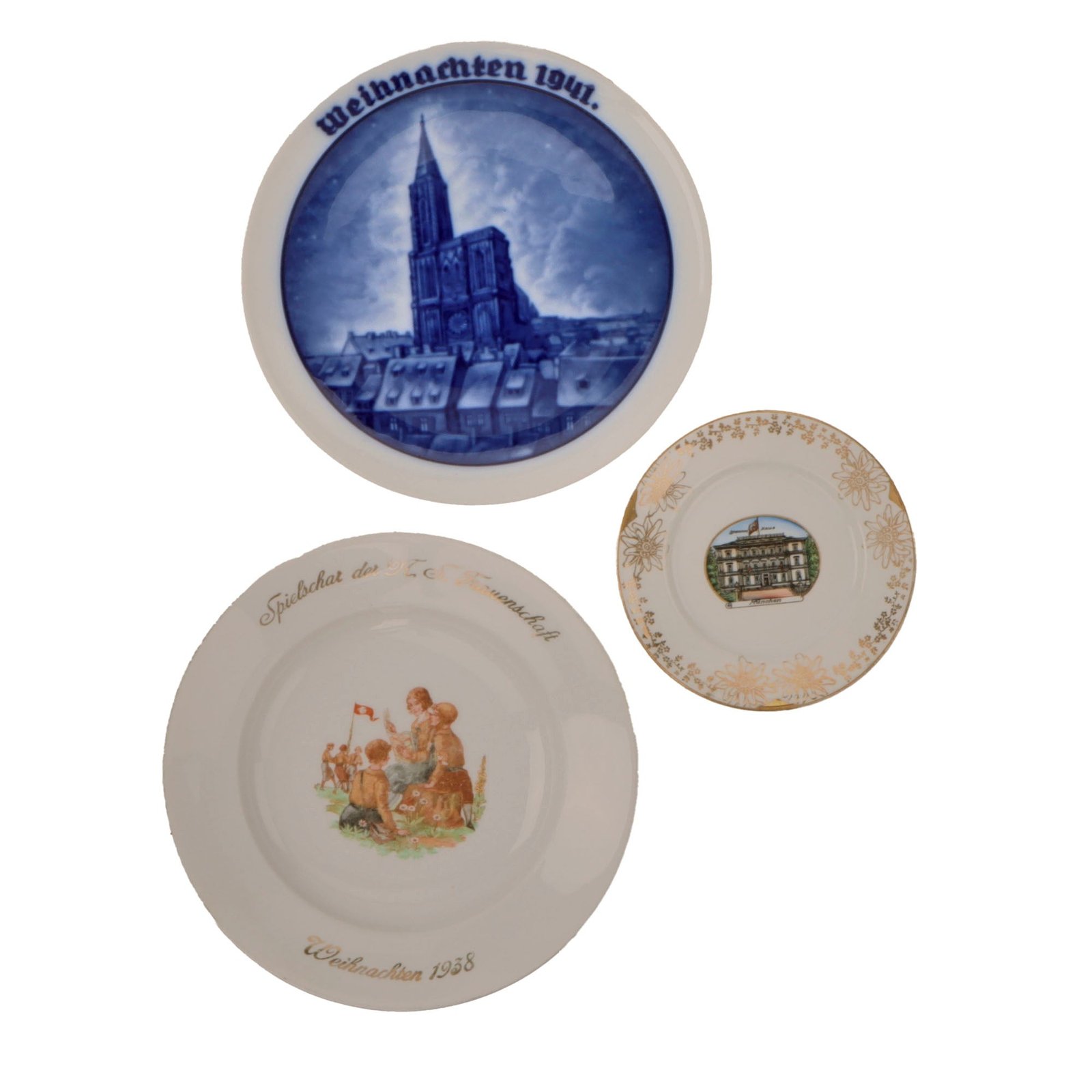 Original German WWII Set of Three Decorative Porcelain Items - One Saucer, One Plate, One Deep Plate