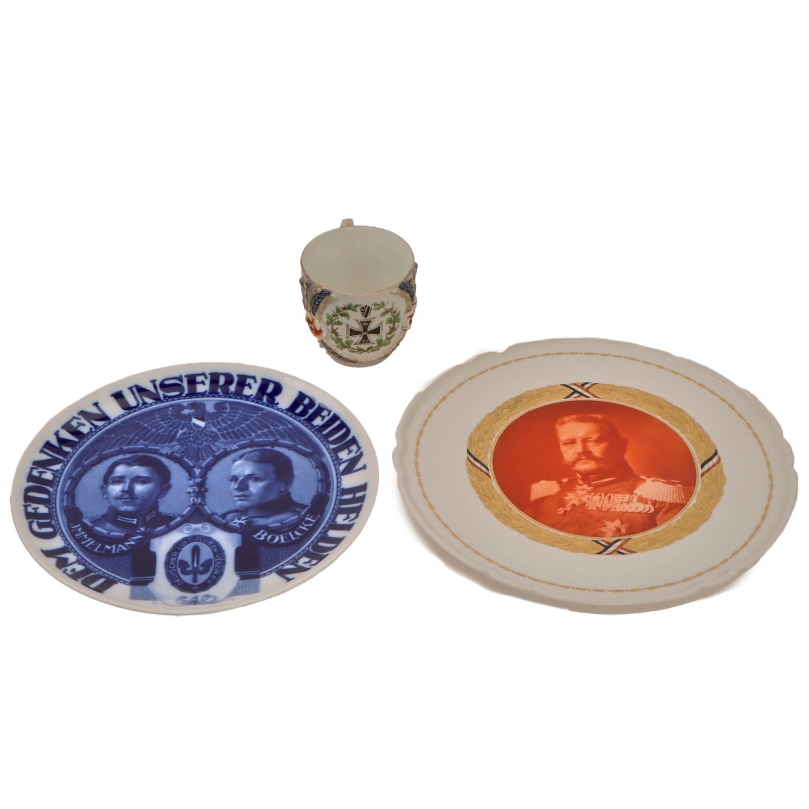 Original Imperial German WWI Era Plate & Tea Cup Lot with Great Iron Cross Tea Cup & Hindenburg Plate - Three Items Total