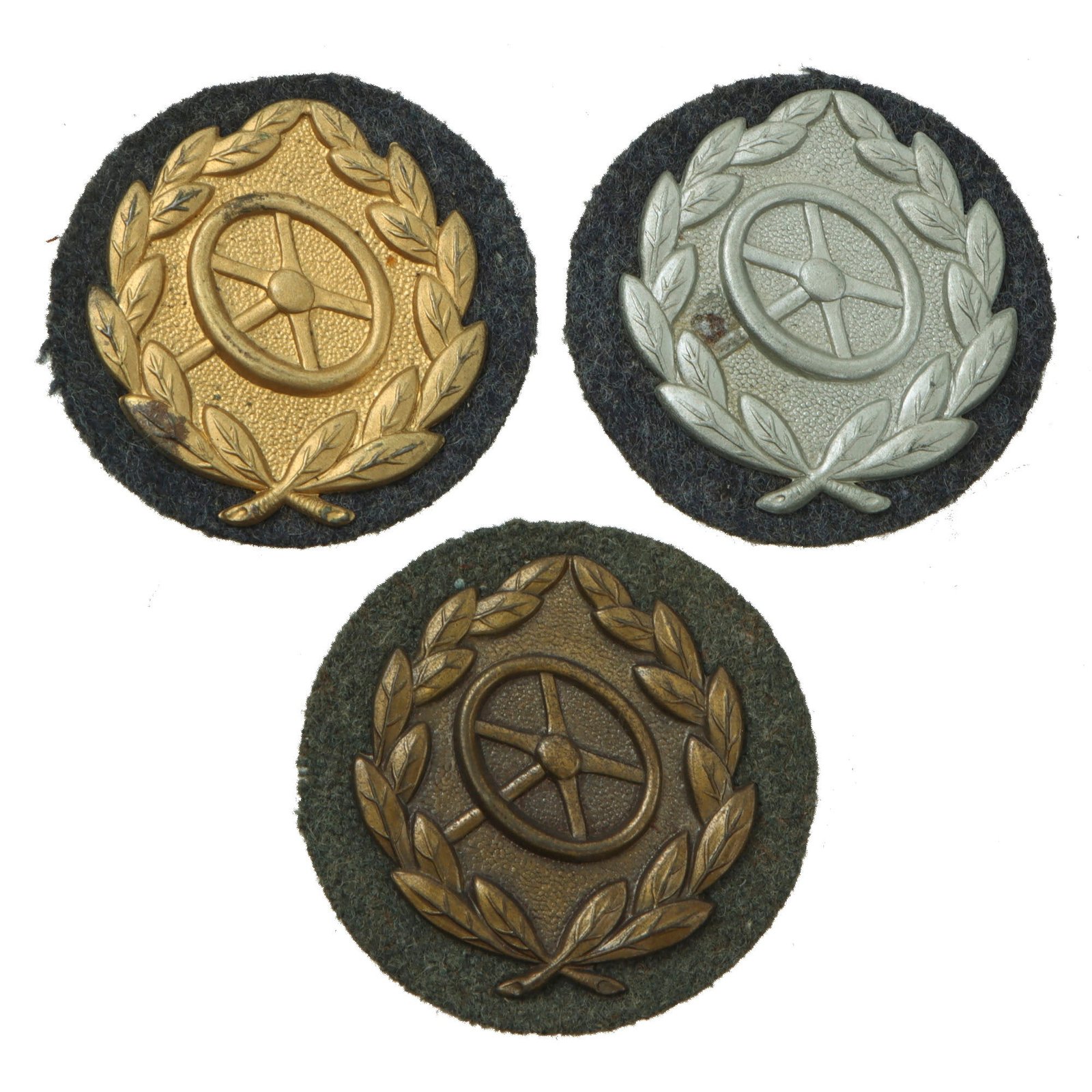 Original German WWII Set of Three Driver Proficiency Badges - Gold, Silver, and Bronze Grades