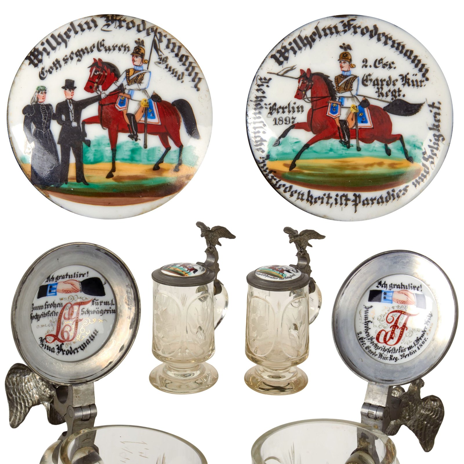 Original Imperial German Pre-WWI Rare Garde Kürassier Regiment Pair of Glass Lidded Beer Steins with Tremendous Painted Lids - Wilhelm Frodermann - Dated 1897