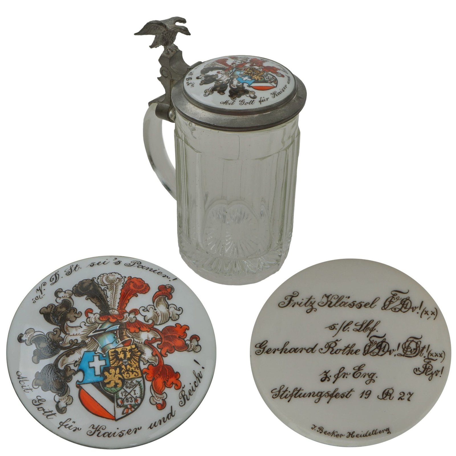 Original Imperial German Pre-WWI Foundation Day Glass Stein with Hand-Painted Lid - Fritz Klässel