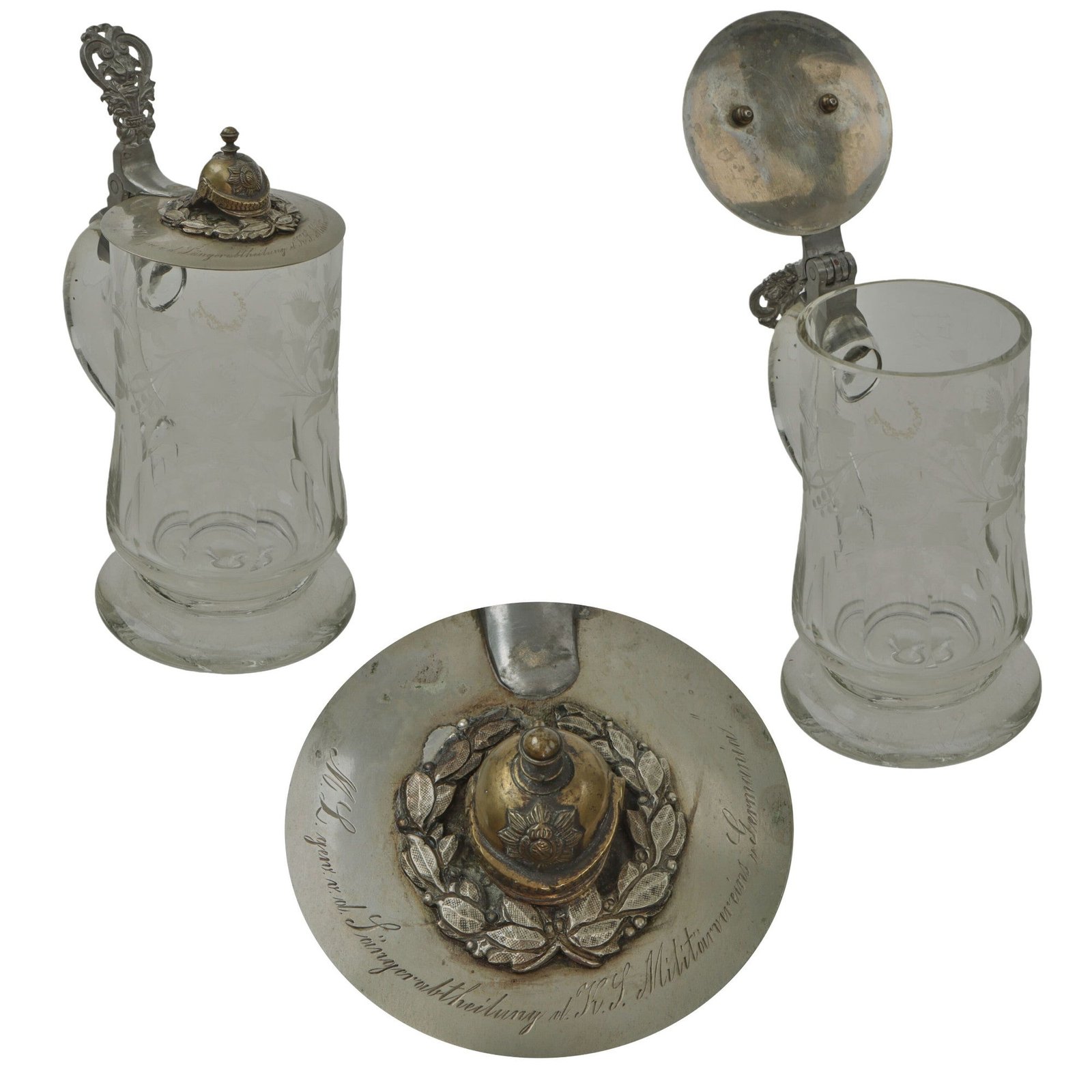 Original Imperial German Pre-WWI Saxon Artillery Glass Stein with Pickelhaube Kugelhaube on Lid