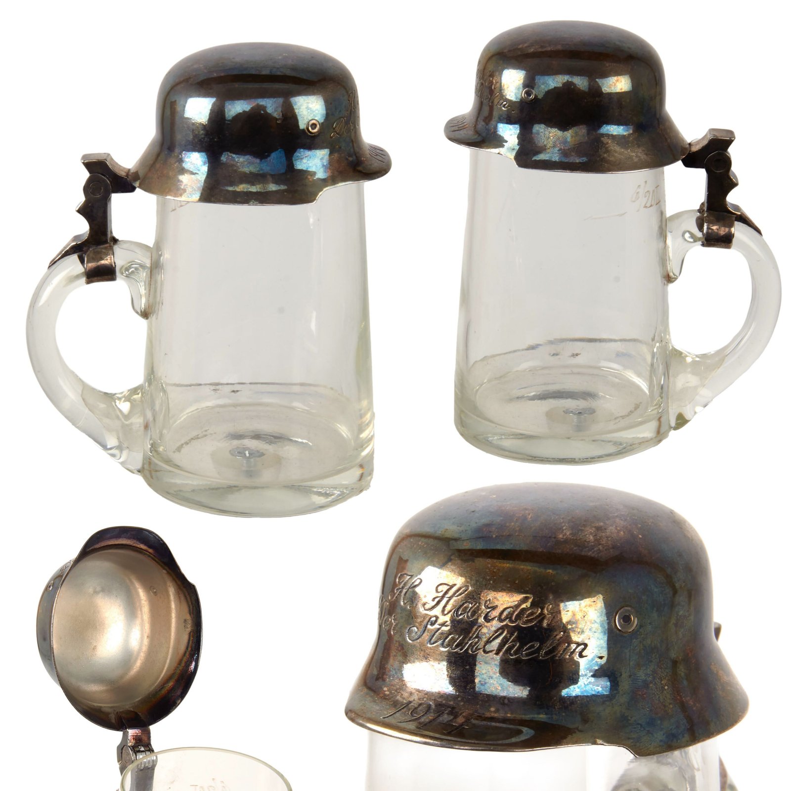 Original German Pre-WWII Der Stahlhelm Glass Stein with Silver Stahlhelm