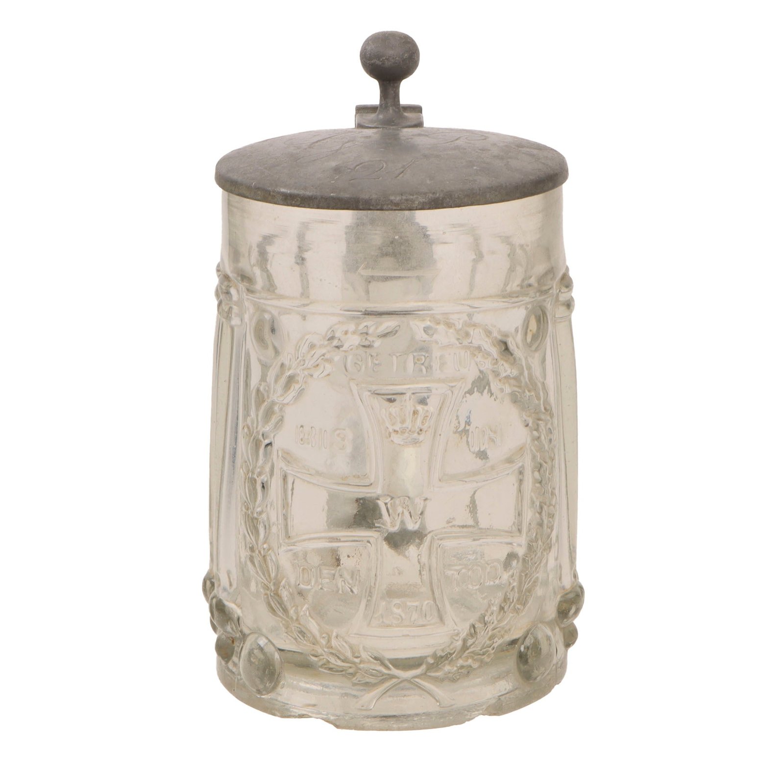 Original Imperial German Franco-Prussian War Era Lidded Glass Beer Stein with 1870 Iron Cross & Engraving on Lid
