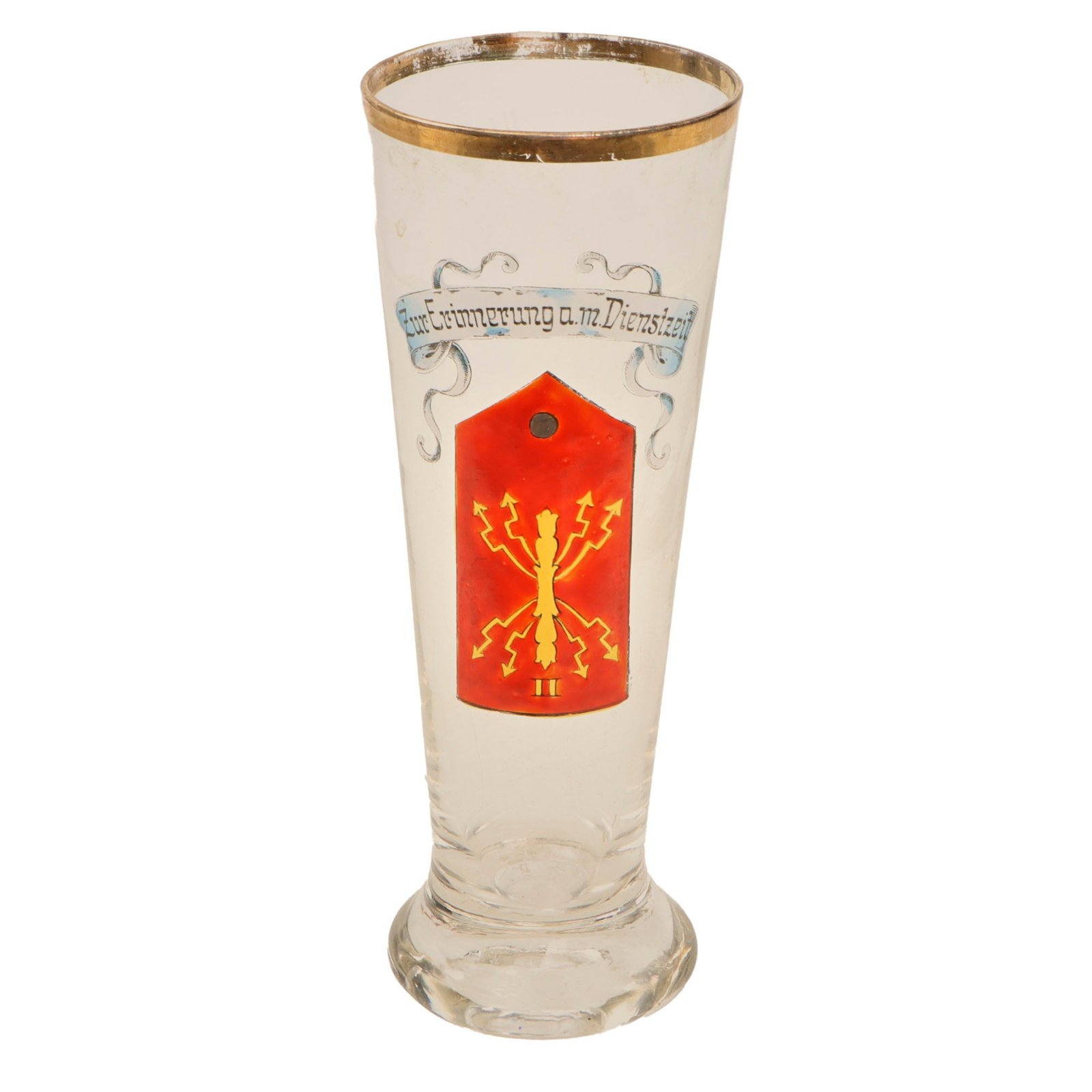Original Imperial German WWI Signals Unit Pilsner Glass with Painted Shoulder Board - Zur Erinnerung a. m. Dienstzeit