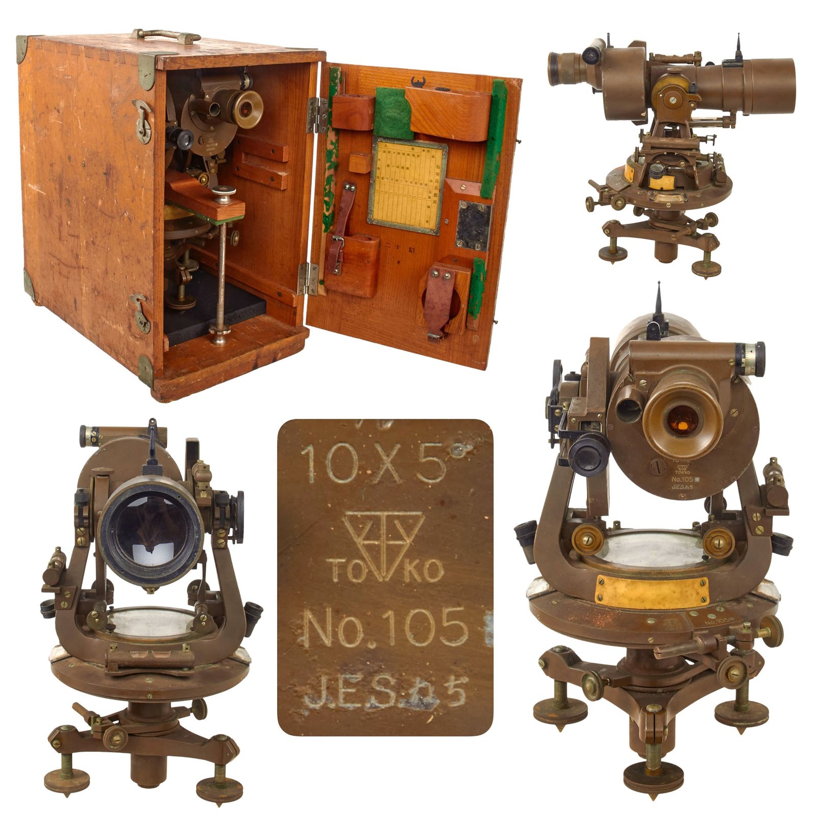 Original Imperial Japanese WWII Engineer Surveyor Theodolite in Original Transit Case by Toko - Serial No. 105 - Dated 1945