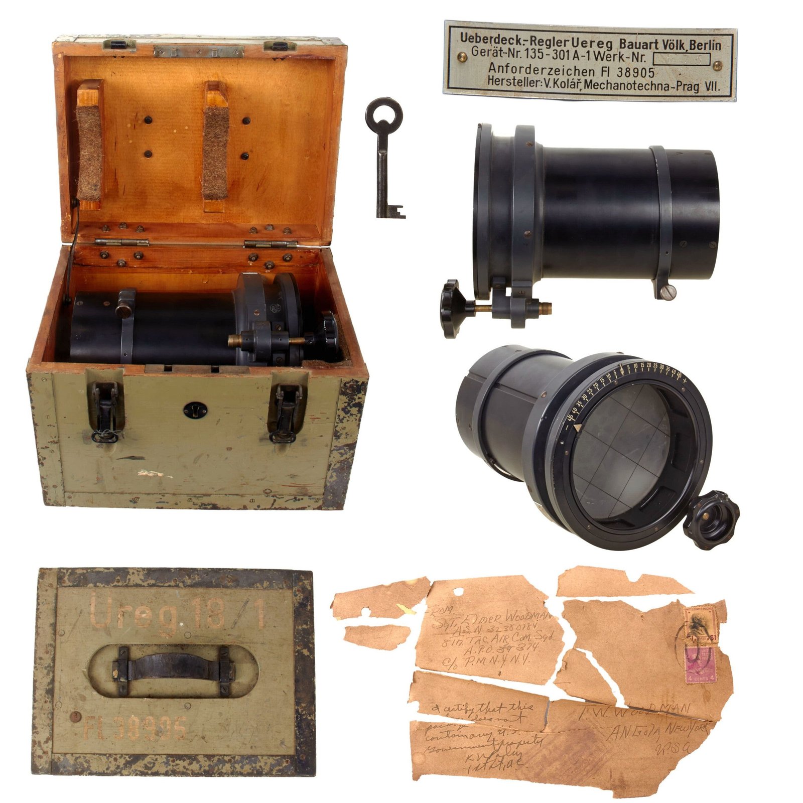 Original German WWII U.S.-Captured Luftwaffe Aerial Coverage Regulator Camera Grid Lens in Original Transit Case with Key and U.S.G.I. Bringback Papers
