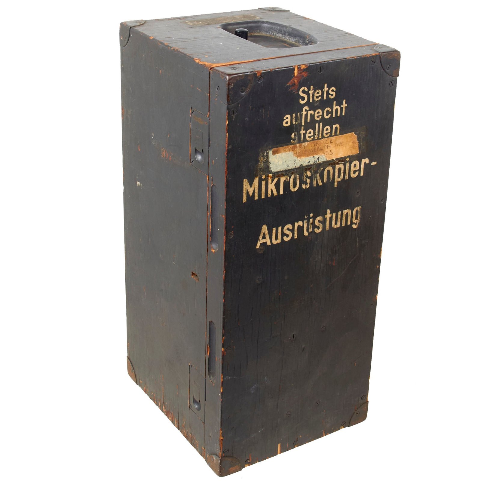 Original German WWII Mikroskopier-Ausrüstung Microscope Transit Case with Partial U.S. G.I. Send-Home Label to Silver Star Recipient