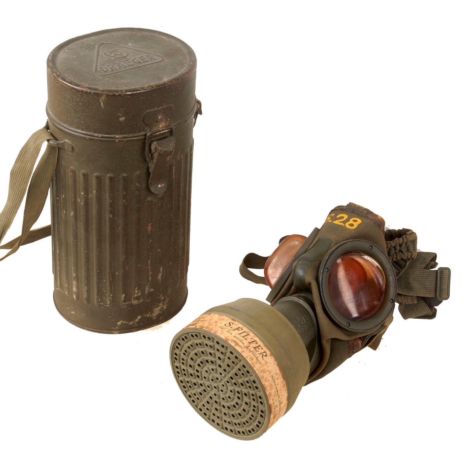 Original German WWII 1937 Dated Luftschutz Gas Mask by DRAEGER with Replacement Lenses and Carry Can
