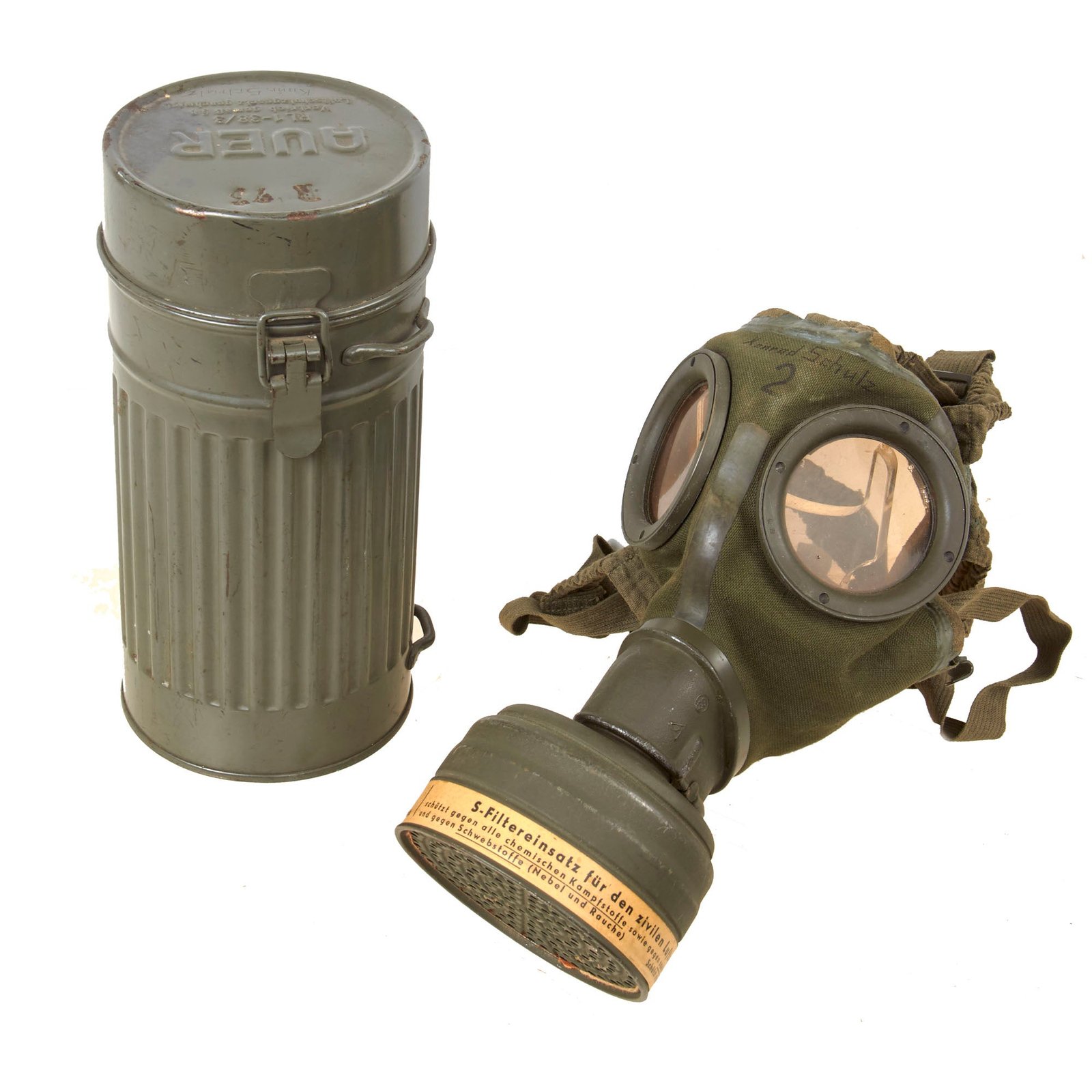 Original German WWII 1936 Dated Luftschutz Gas Mask by AUER with Canister and Spare Lenses