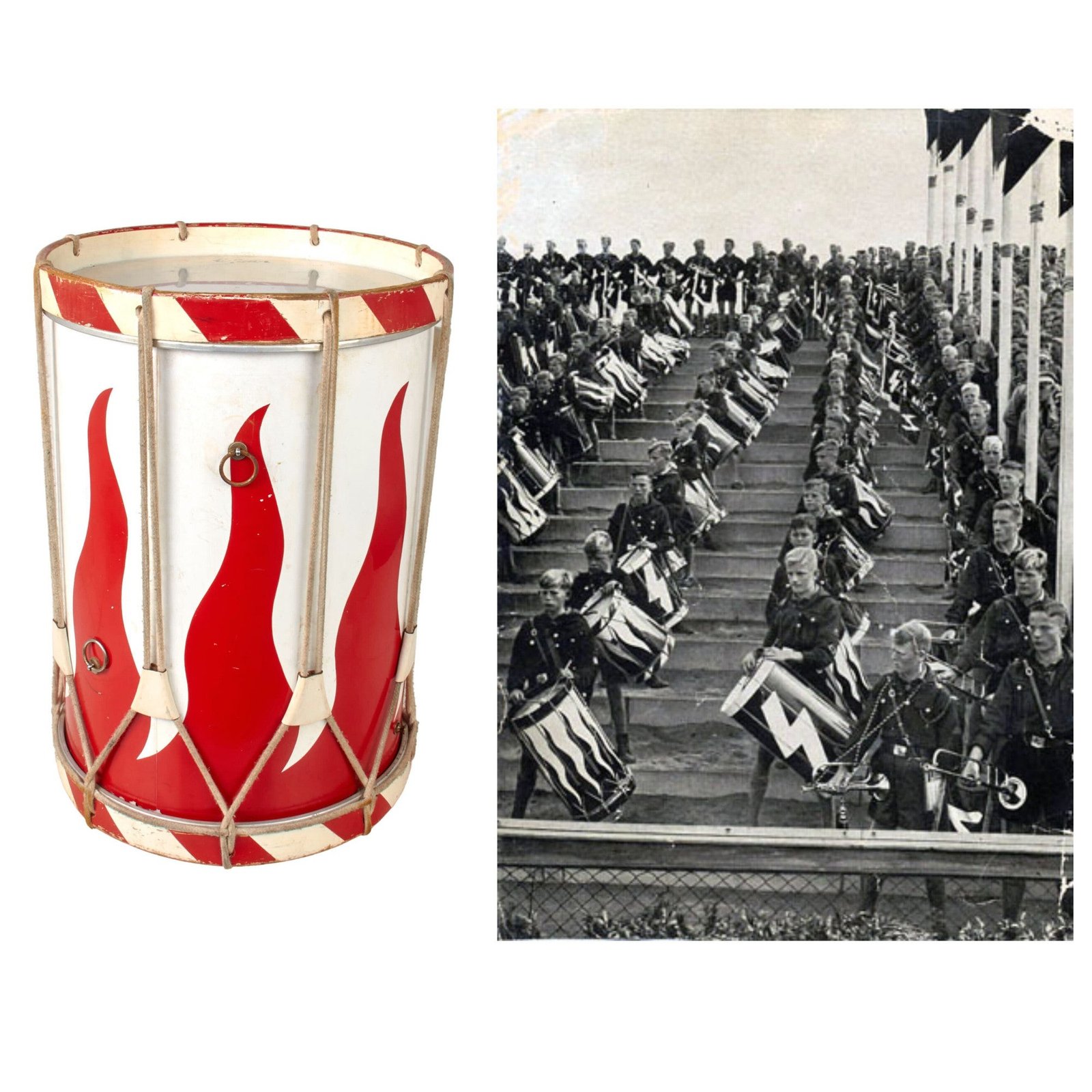 Original German WWII HJ National Youth Organization 14" Wooden Landsknecht Formation Field Drum with Replaced Heads & Ropes - Missing Snare