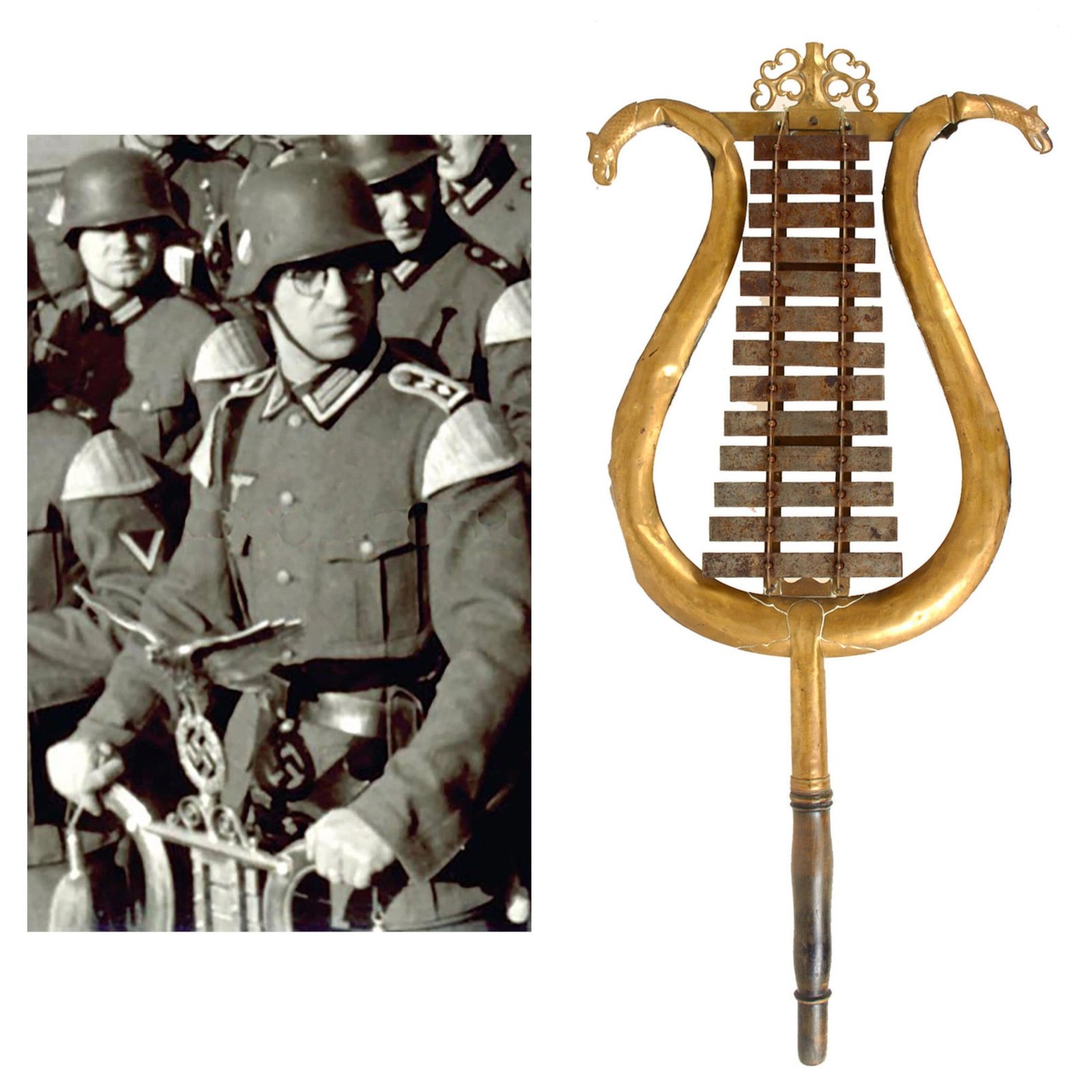Original German WWII Era 13 Bar Vertical Bell Lyre Glockenspiel with Removed Finial & Damaged Body - Likely Key of D