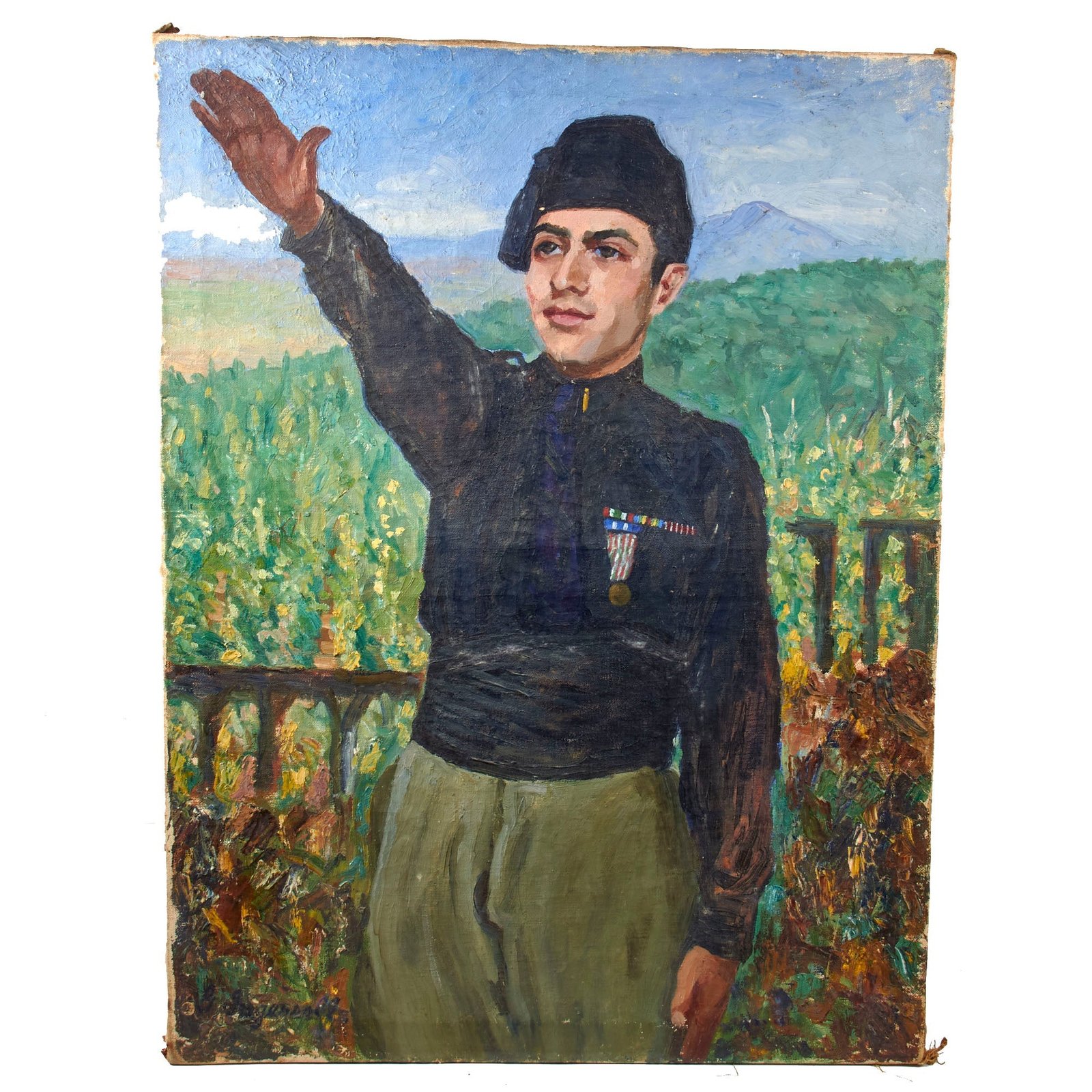 Original Italian WWII Outdoor Portrait of MVSN Fascist WWI Veteran with Medals Giving Roman Salute - Signed Ingersoll - 30 x 39½”