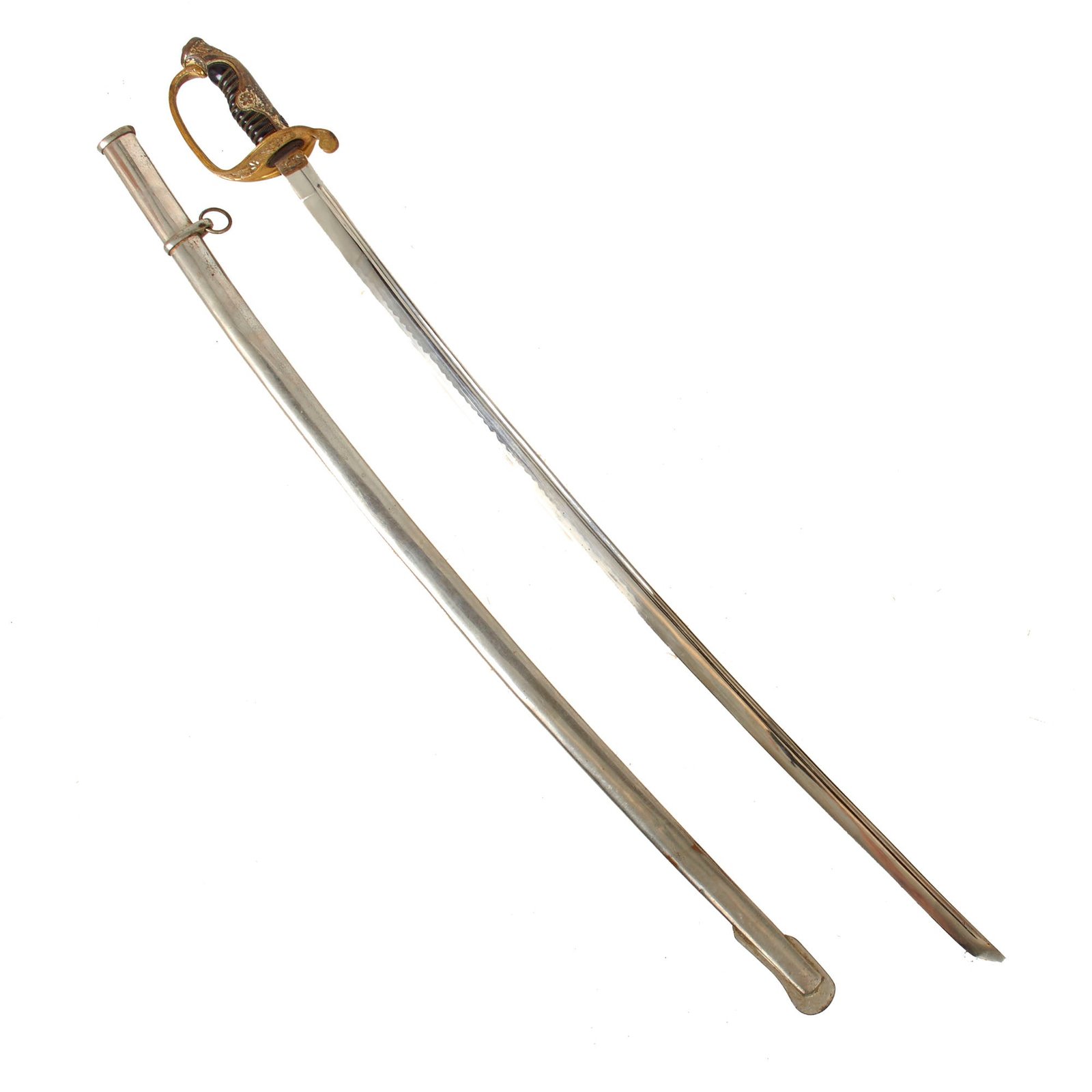 Original Imperial Japanese WWII Army Type 19 Kyu-Gunto Nickel-Plated Parade Officer’s Sword with Scabbard & Family Crest