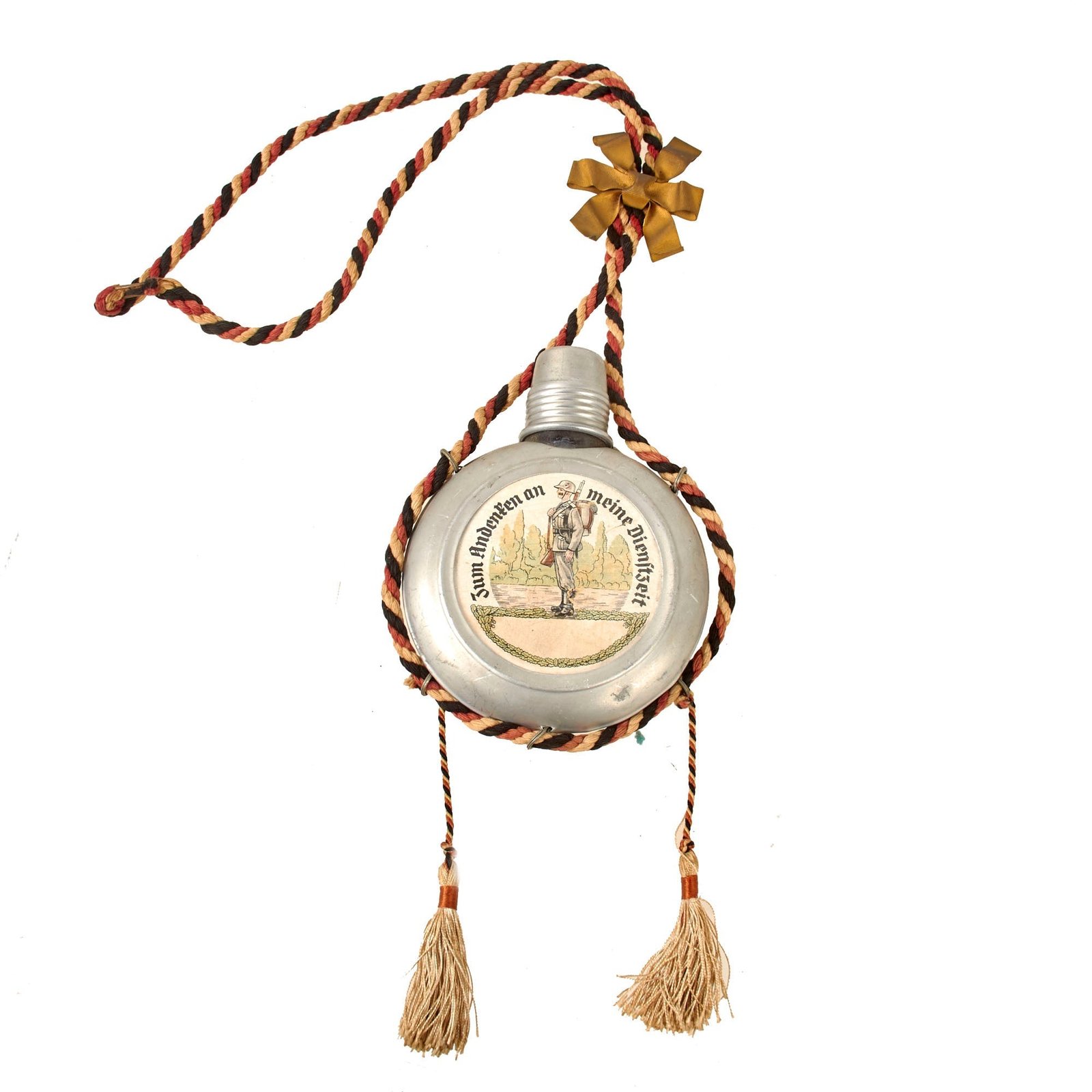 Original German Pre-WWII Aluminum Clad Spirit Flask with Original Tri-Color Carrying Rope and Brass Bow