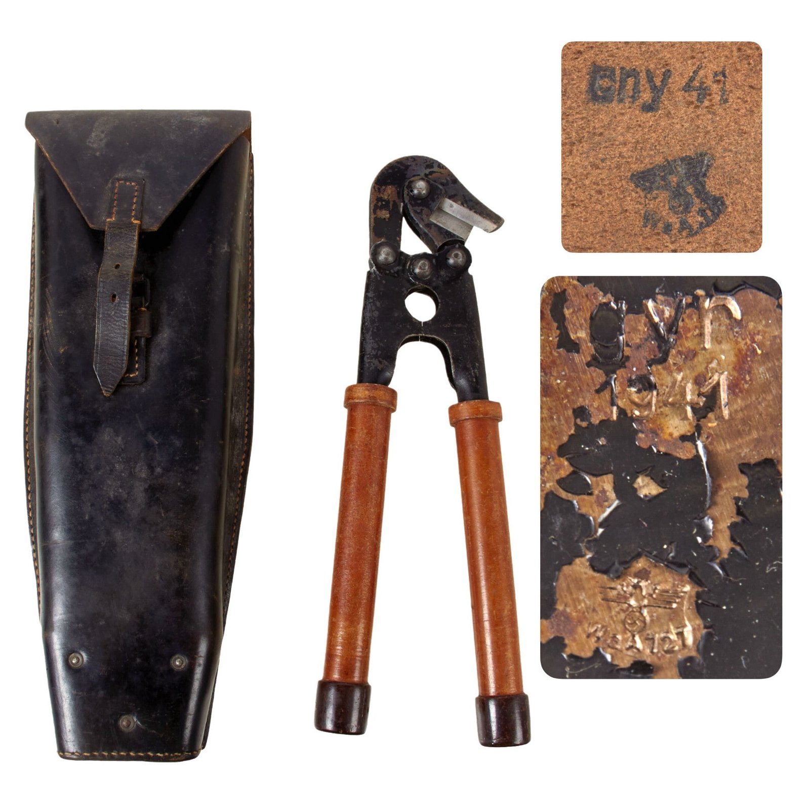 Original German Pre - WWII 1941-Dated Short Handled Pioneer Wire Cutters with Leather Carrier by Hugo Linder Deltawerk of Solingen