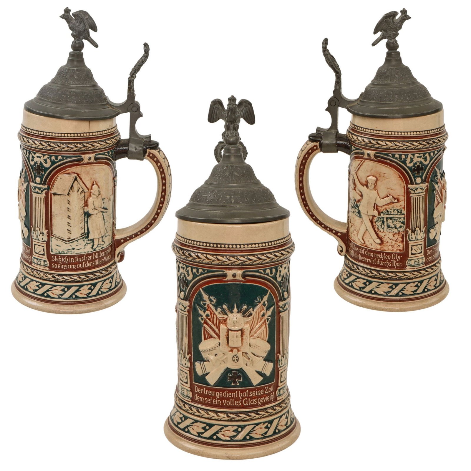 Original Imperial German WWI Hinged Beer Stein with Hinged Lid & Soldier Motifs