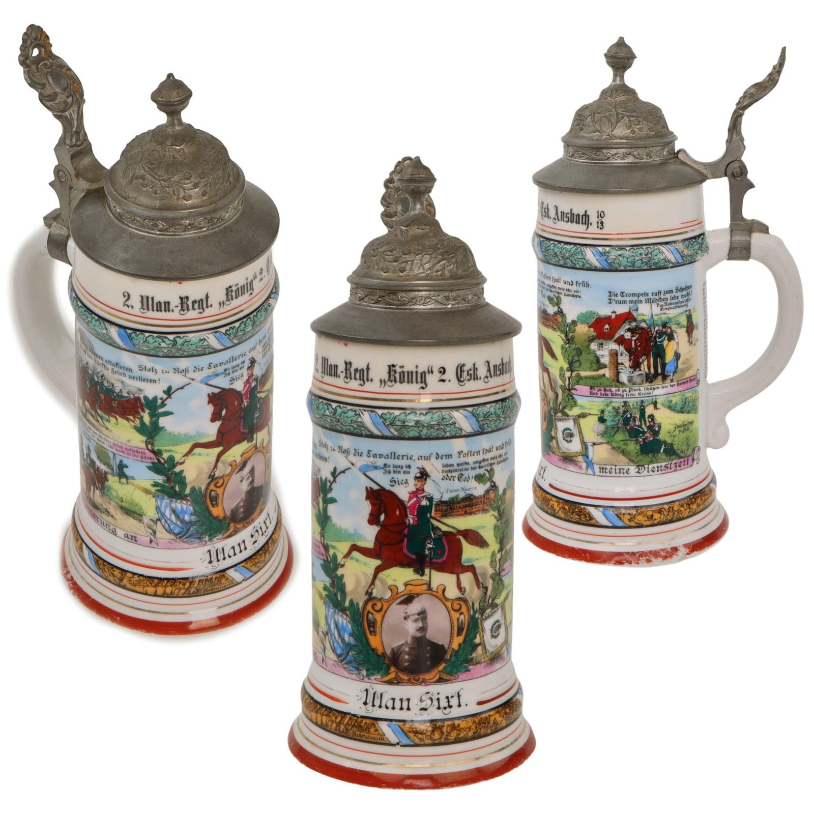 Original Imperial German WWI Era 2nd Royal Bavarian Uhlans “König” Lidded Beer Stein with Portrait of Soldier in Glaze - Dated 1910-1913
