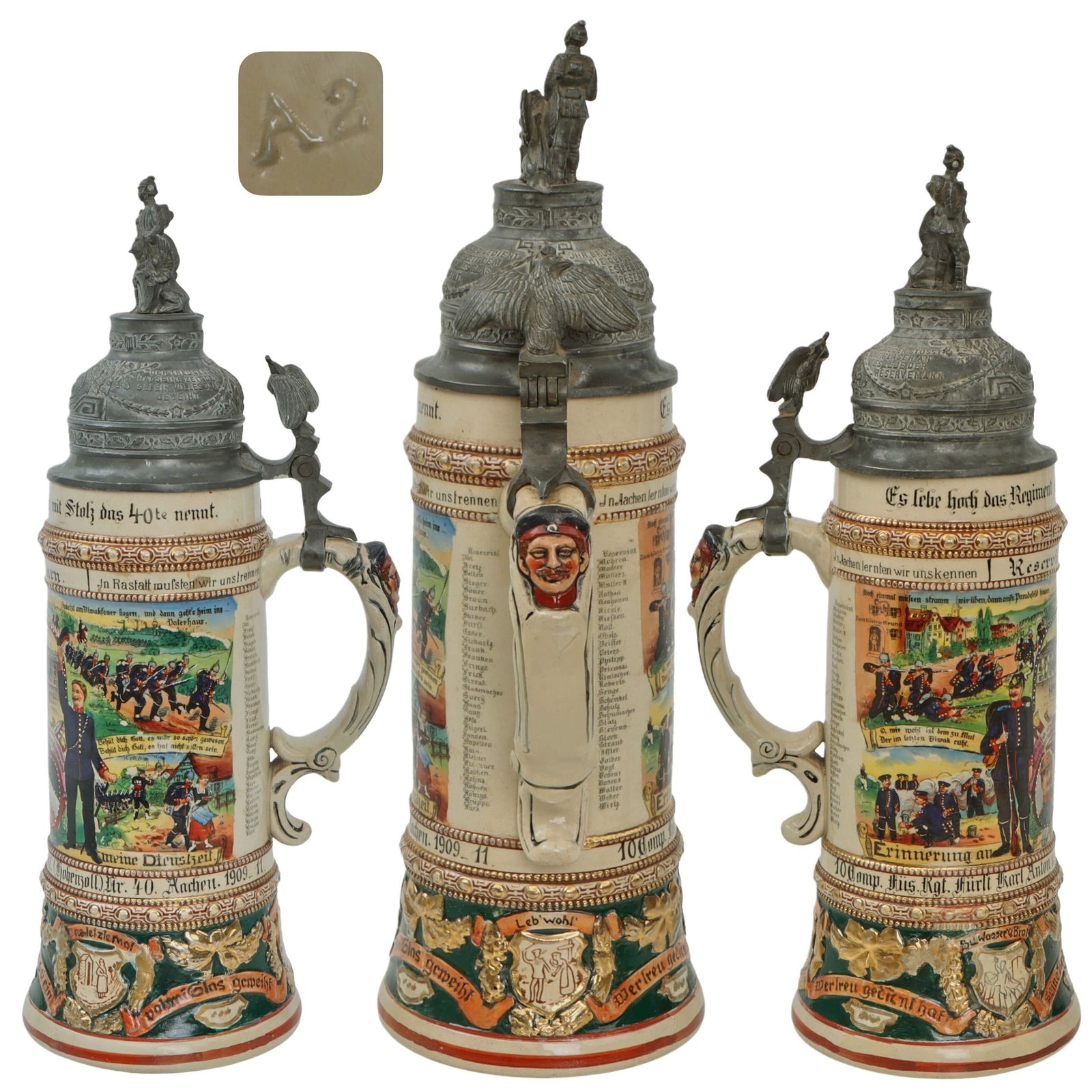Original Imperial German WWI Era 40th (Hohenzollern) Fusiliers "Prince Charles Anton of Hohenzollern" Regiment Beer Stein with Hinged Lid - Dated 1909-1911