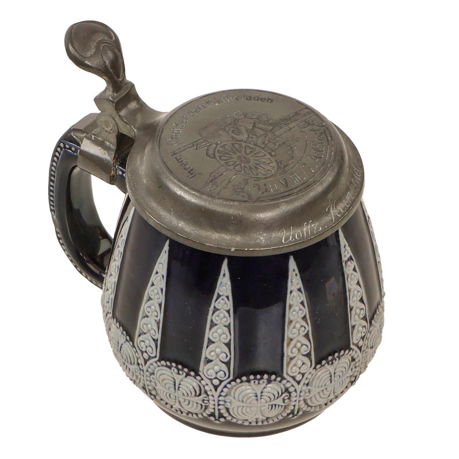 Original German WWII Salt Glaze Beer Stein with Named Hinged Lid & Field Cannon Motif by Strahlein of Nurnberg - Field Artillery