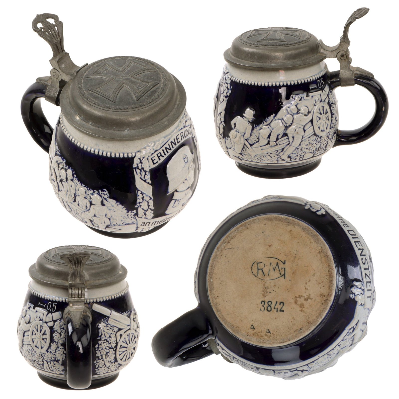 Original German WWII Salt Glaze Beer Stein with Hinged Lid & Iron Cross 1914 Motif - Field Artillery