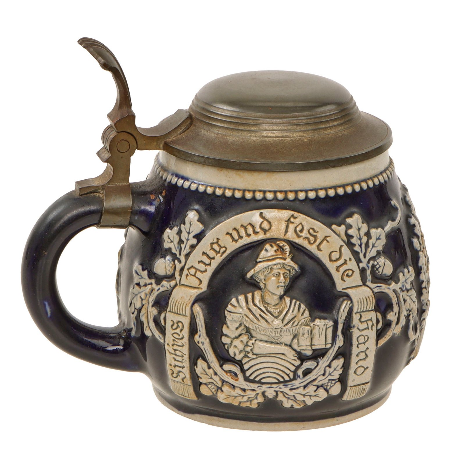 Original German Pre-WWII Salt Glaze Shooting Association Beer Stein with Hinged Lid