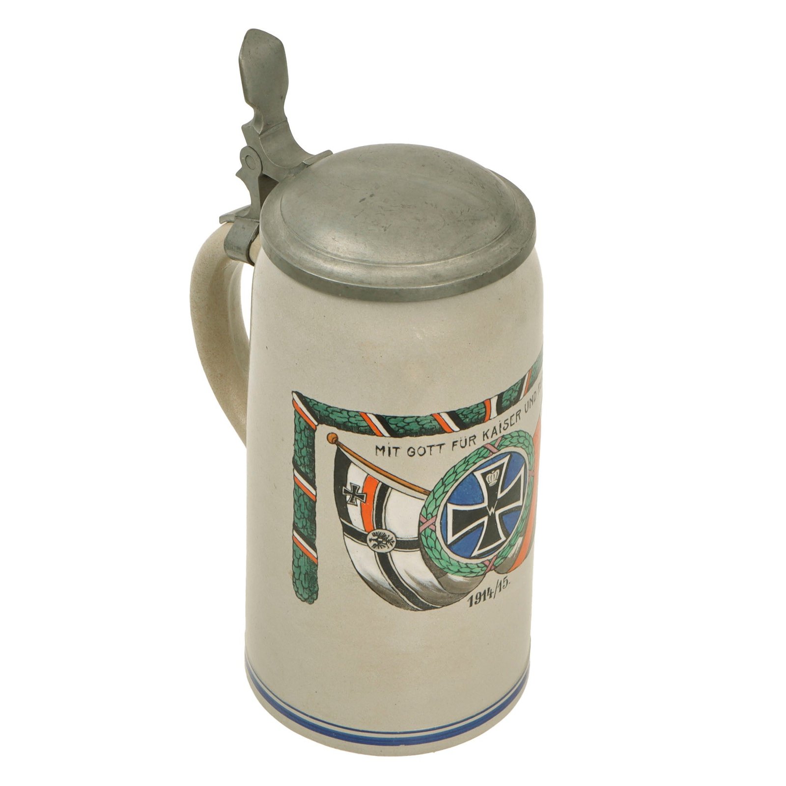 Original Imperial German WWI Iron Cross Hinged Lid Beer Stein Dated 1915