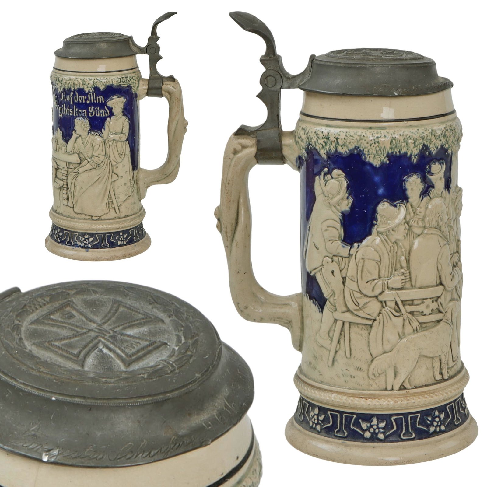 Original Imperial German WWI Hinged Beer Stein with Named Lid & Iron Cross Motifs