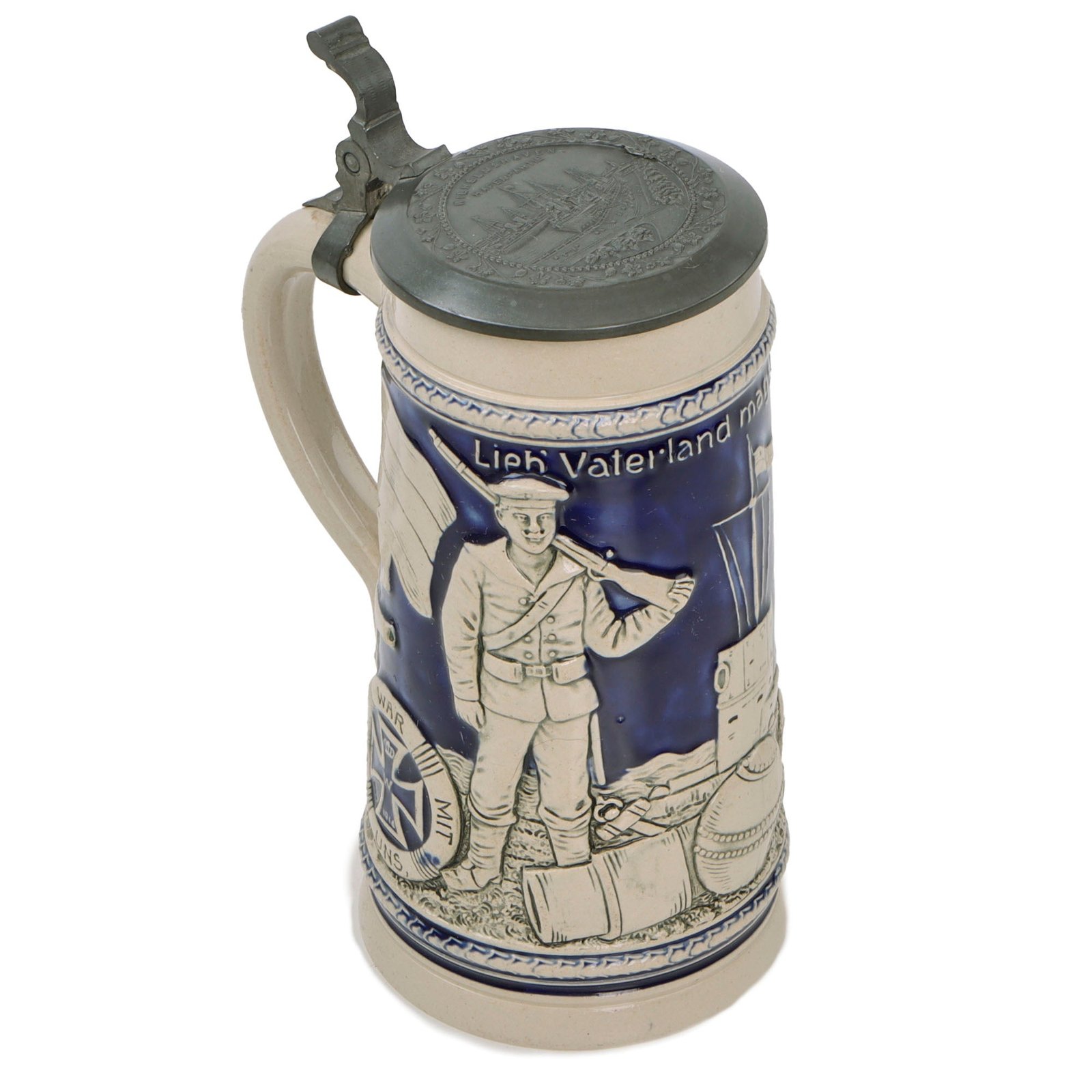 Original Imperial German WWI Era Kaiserliche Marine Navy Salt Glaze Lidded Beer Stein - Wilhelmshaven Hafenpartie