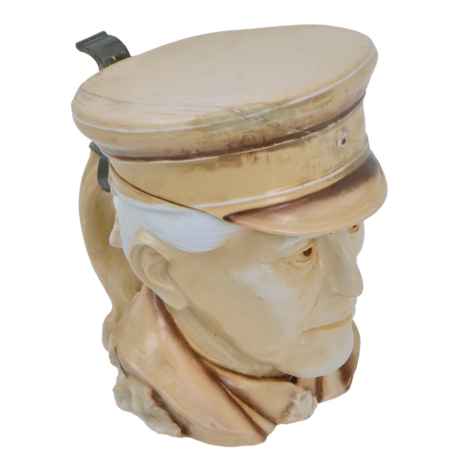 Original Imperial German WWI Era Portly Character Helmuth Von Moltke the Elder Stein with Hinged Lid by Musterschutz with Period Inscription Under Visor