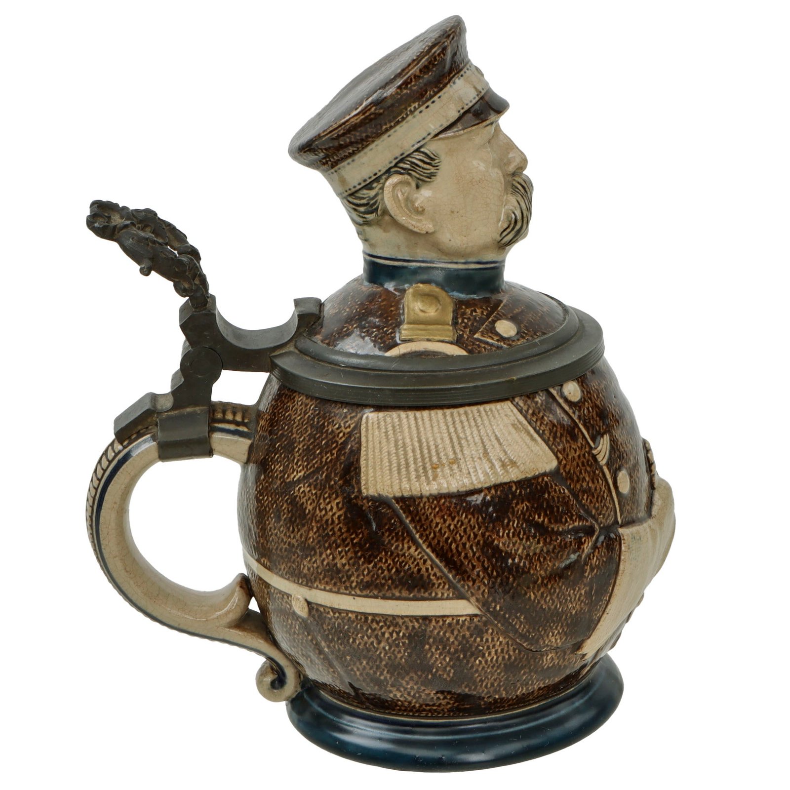 Original Imperial German WWI Era Portly Character Caricature Stein with Bismarck-Style Mustache & Hinged Lid