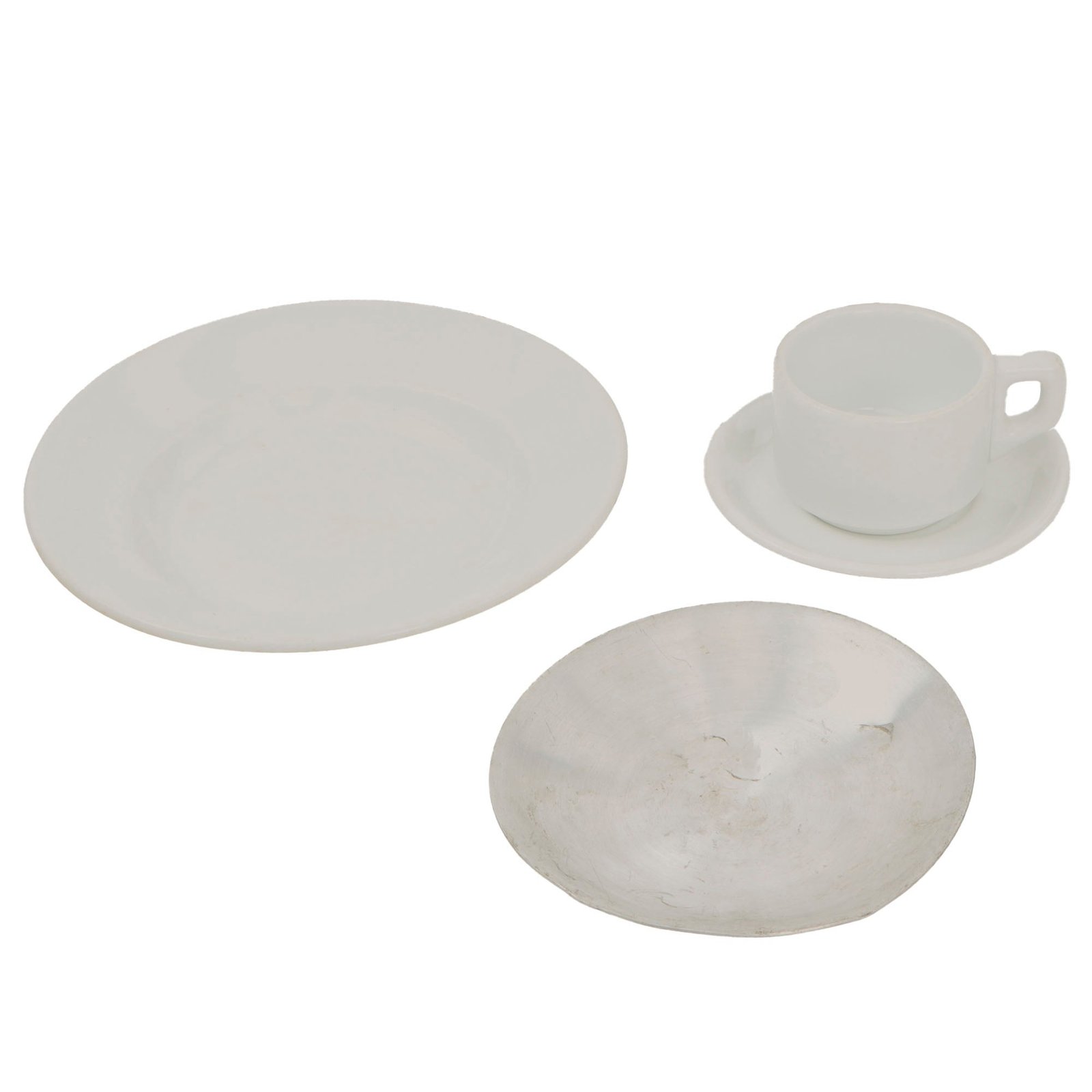 Original German WWII Lot of Luftwaffe Fl.U.V. Marked Mess Dinnerware - Porcelain Coffee Mug, Saucer, and Deep Plate with Aluminum Plate