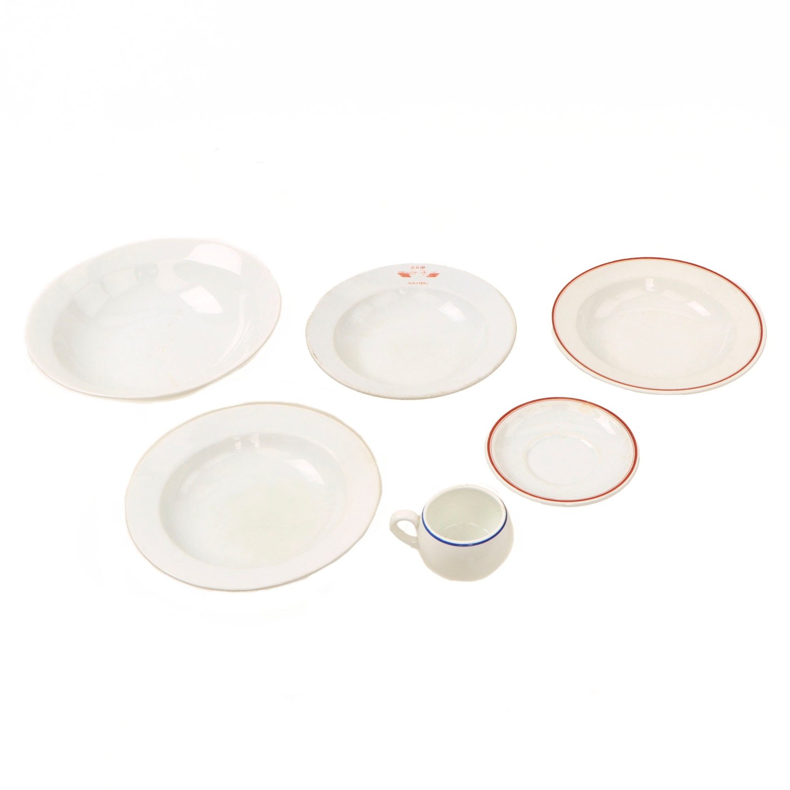 Original German WWII Lot of DAF Marked Mess Porcelain - Serving Bowl, 3 Deep Plates, Coffee Cup and Saucer