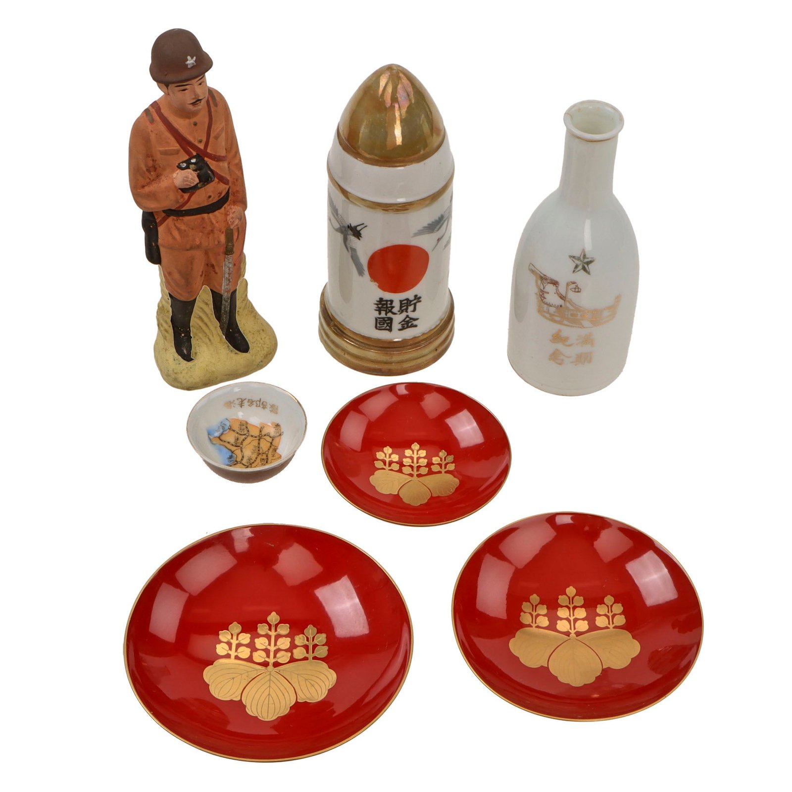 Original Japanese WWII Military Ceramic & Porcelain Lot with Officer Statue, Artillery Shell Bank, Sake Cups & Bottle