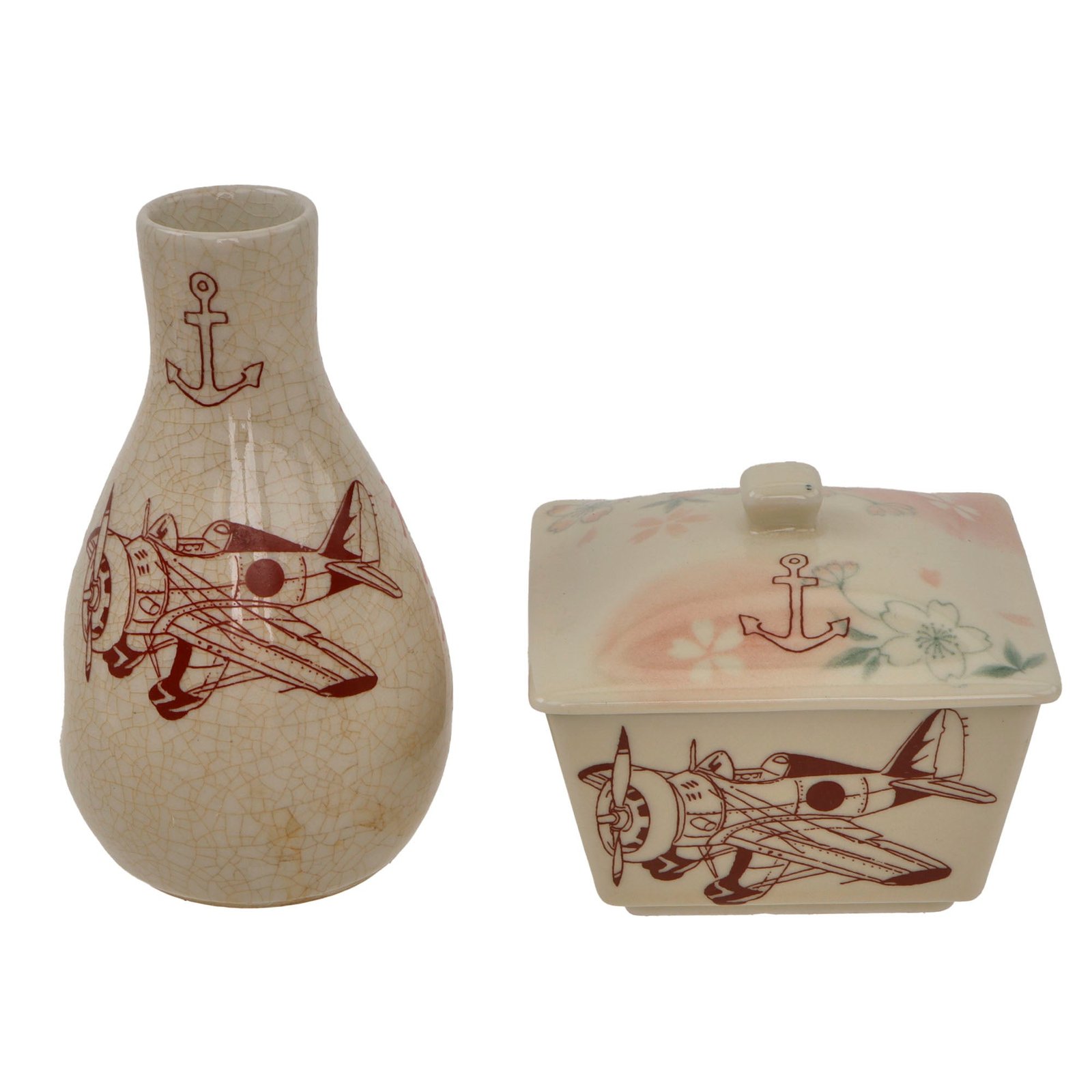 Original Japanese WWII Navy Aviation Porcelain Lot - Box and Sake Bottle
