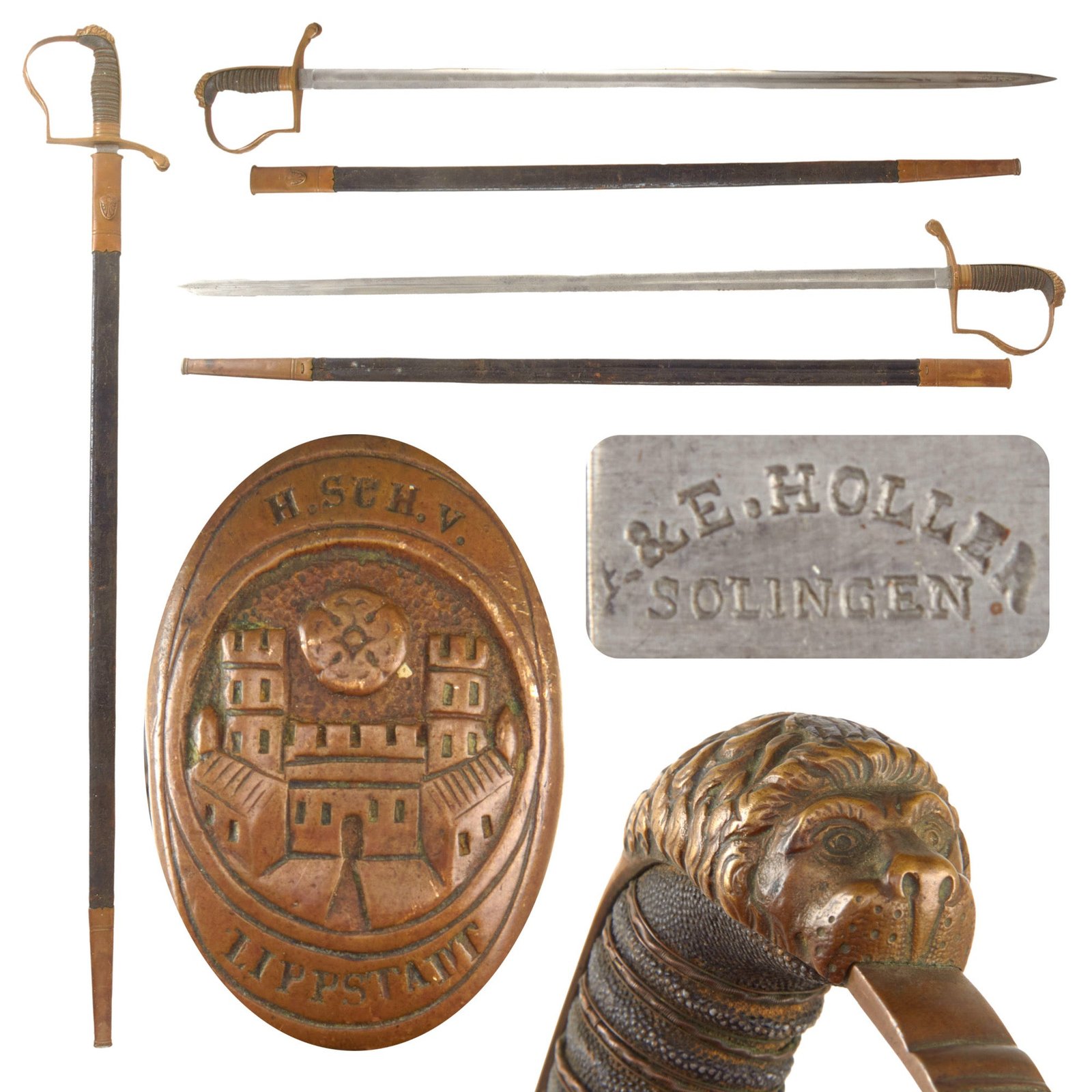Original German Pre-Franco Prussian War Lippstadt Lion’s Head Officer’s Sword with City Coat of Arms on Guard & Scabbard by A&E. Holler of Solingen