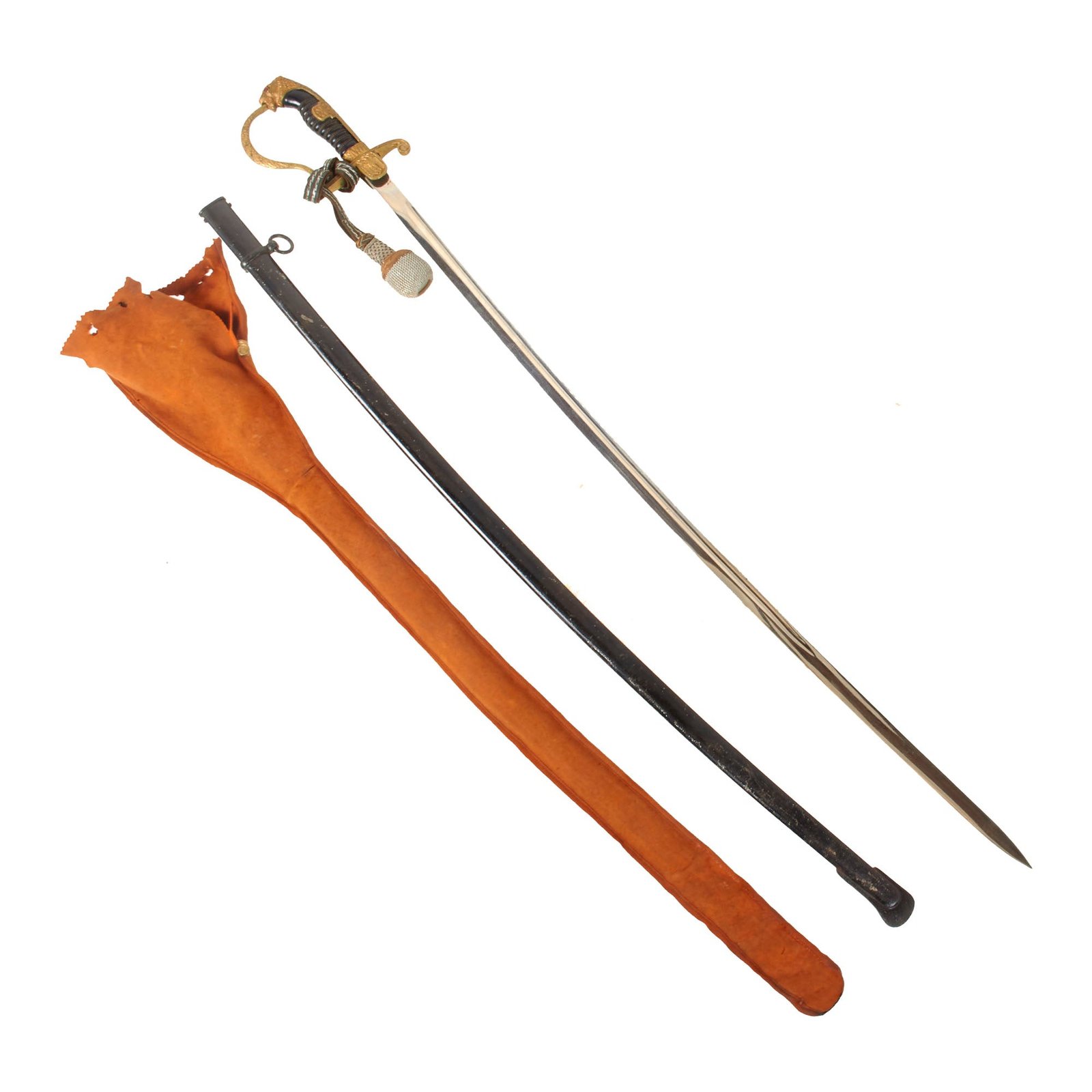Original German WWII Army Officers Lion Head Sword by "Siegfried" E. Pack & Söhne with Scabbard, Troddel Knot, and Bag