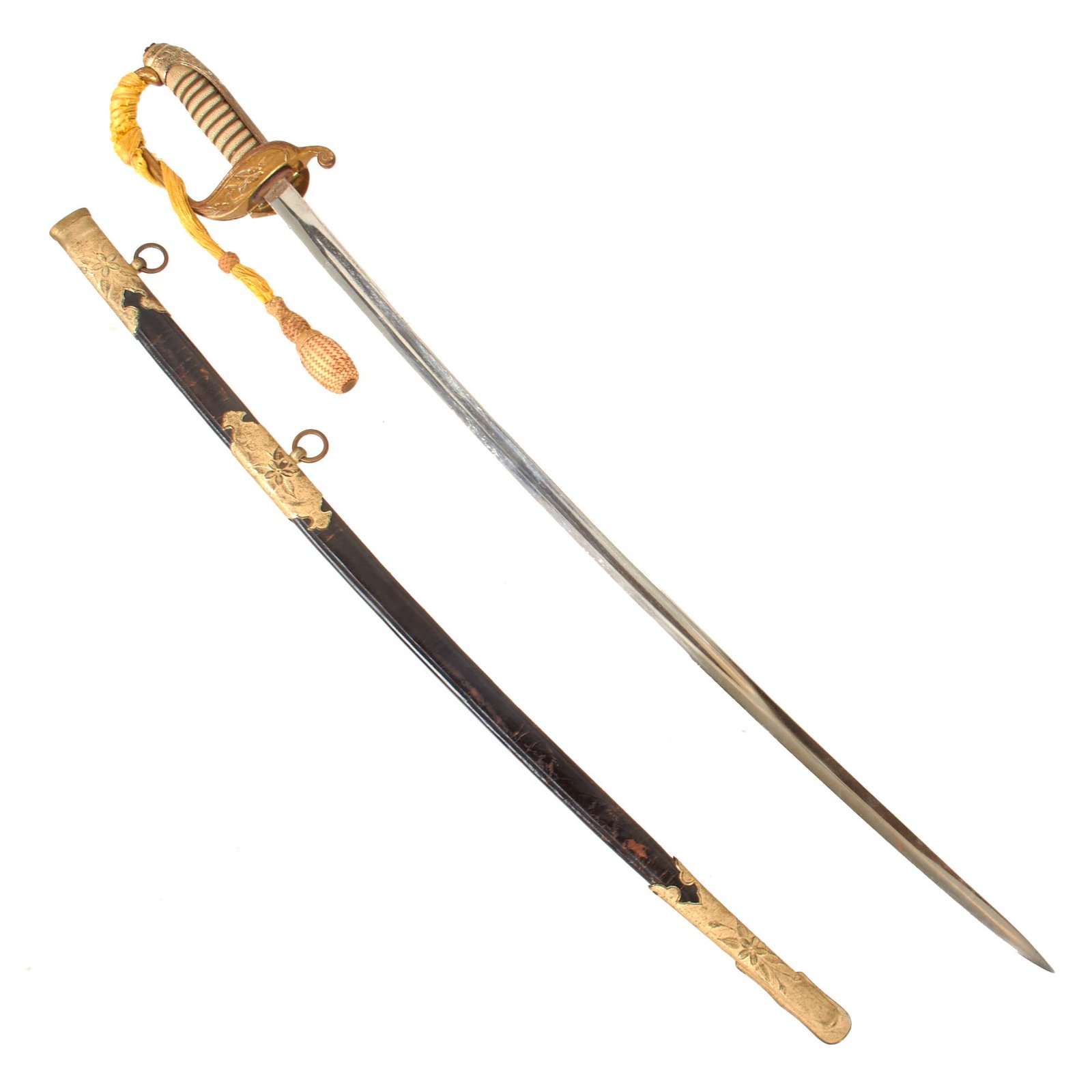 Original Japanese WWII Named Navy Officer Model 1883 Kyu-Gunto Sword with Knot and Leather Parade Scabbard