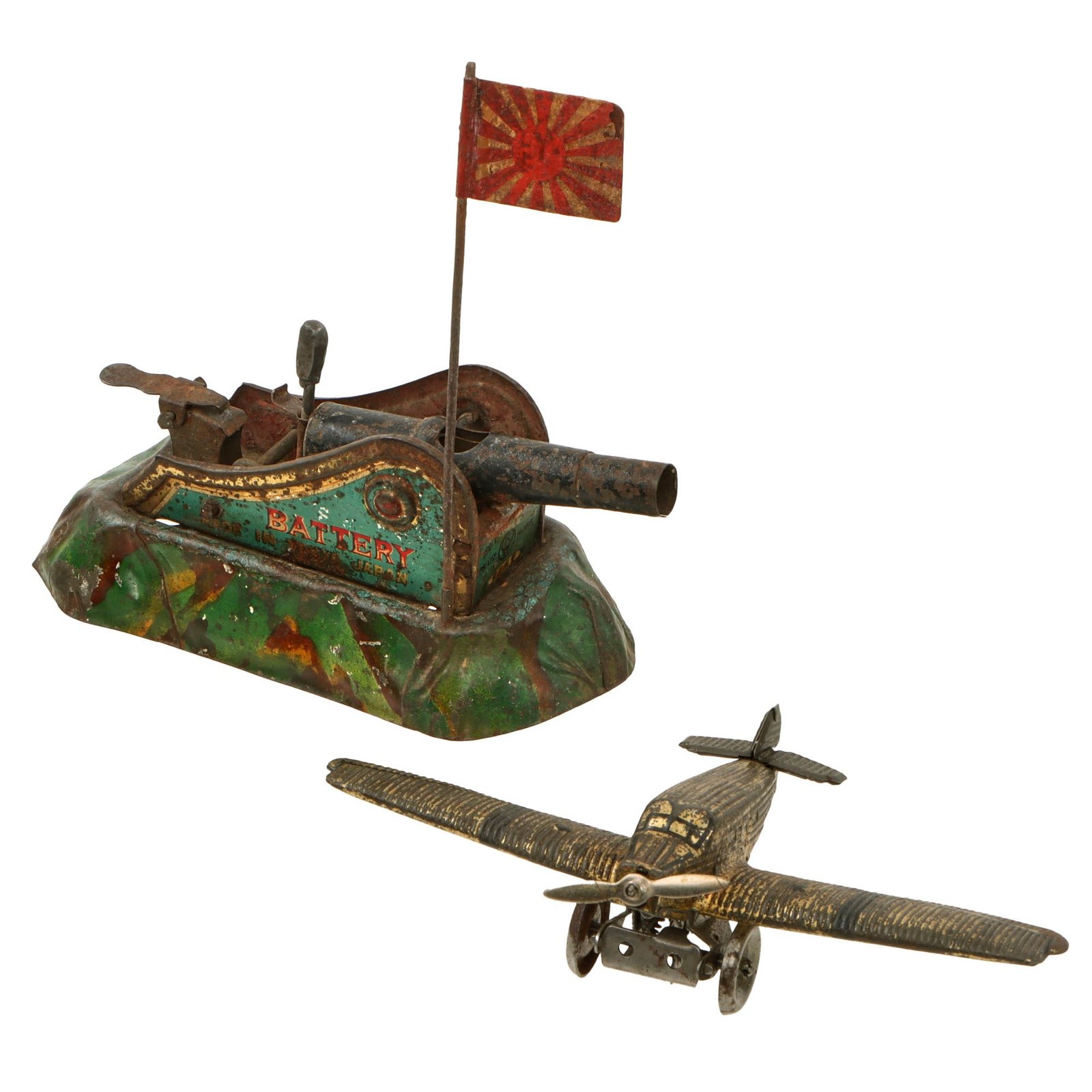 Original Japanese & German Pre-WWII Military Toys - Japanese Battery Gun with Rising Sun Flag and German Junkers Mechanical Airplane