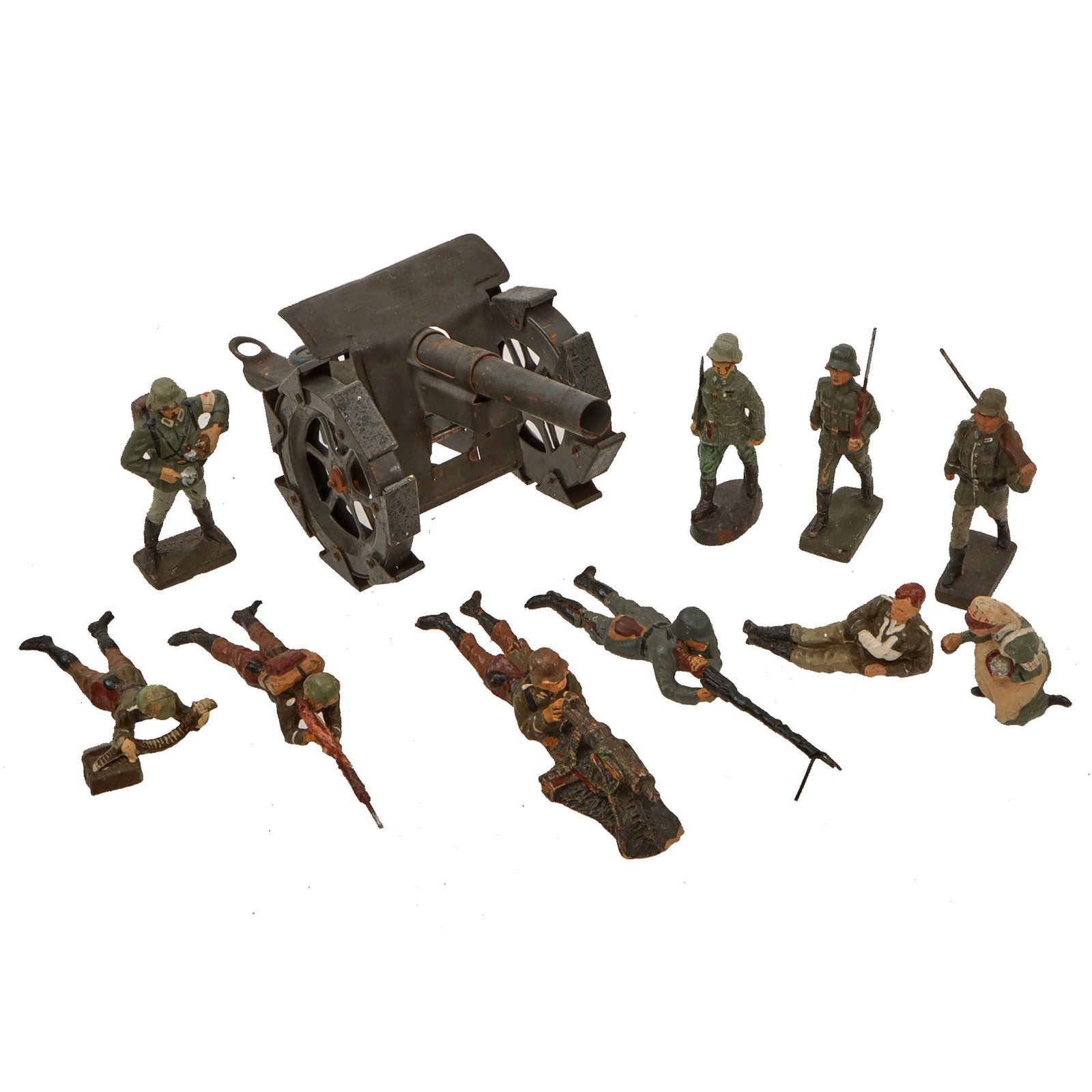Original German WWII Era Lineol & Elastolin Toy Soldiers with Artillery Piece - Lot of 11 - Machine Gunners & Medics