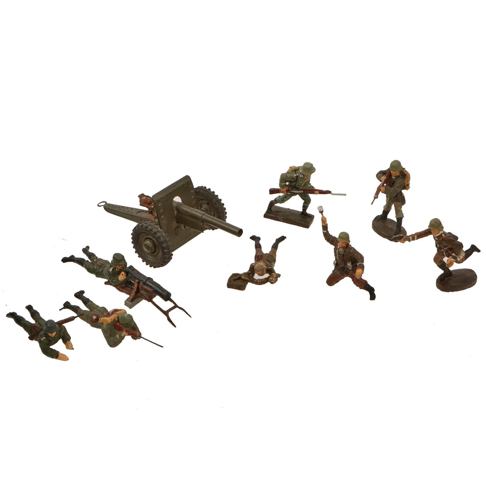 Original German WWII Era Lineol & Elastolin Toy Soldiers with Artillery Piece - Lot of 9 - Machine Gunner and Soldiers