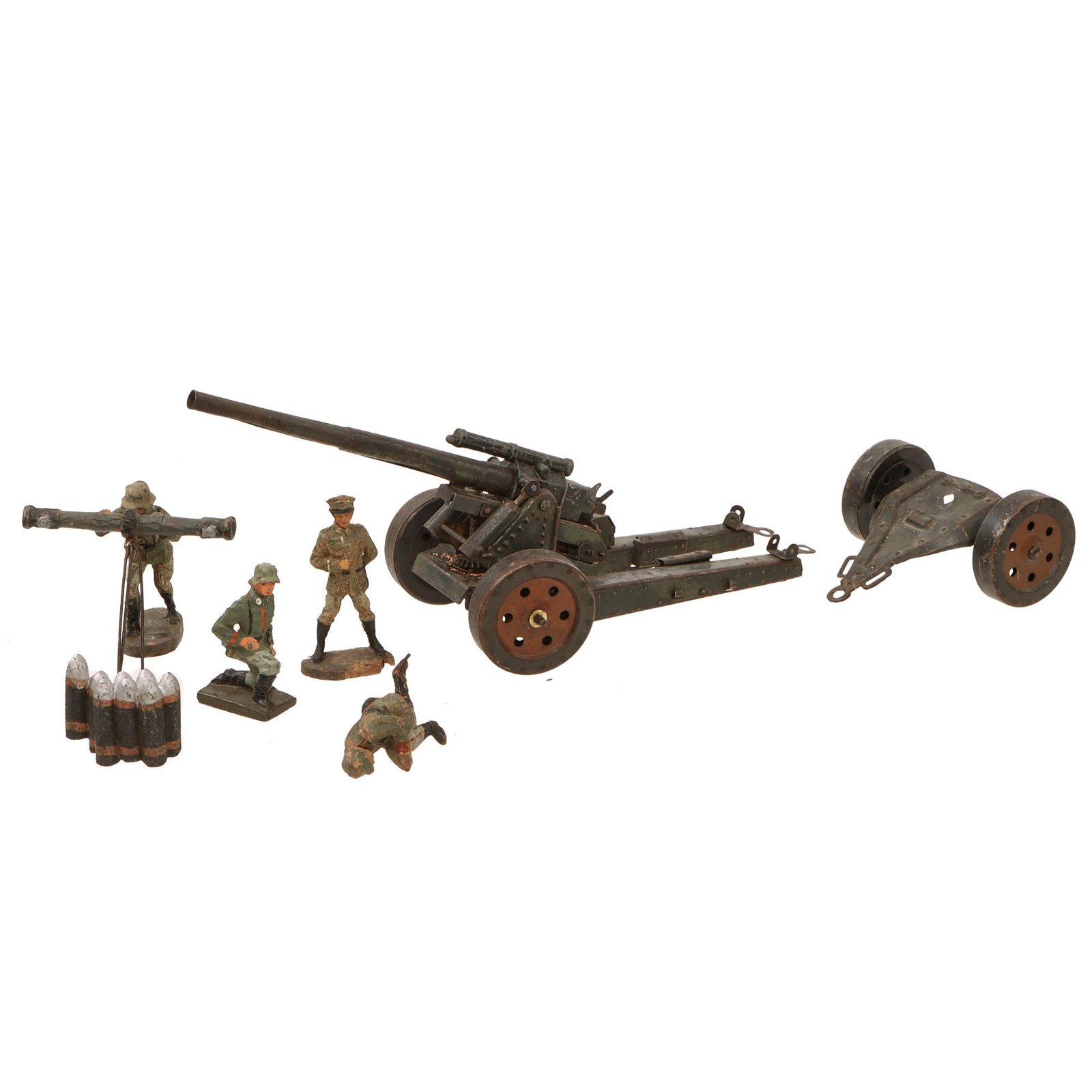 Original German Pre-WWII Era Artillery Gun Lineol & Elastolin Toy Soldier Set with Artillery Piece and Four Soldiers
