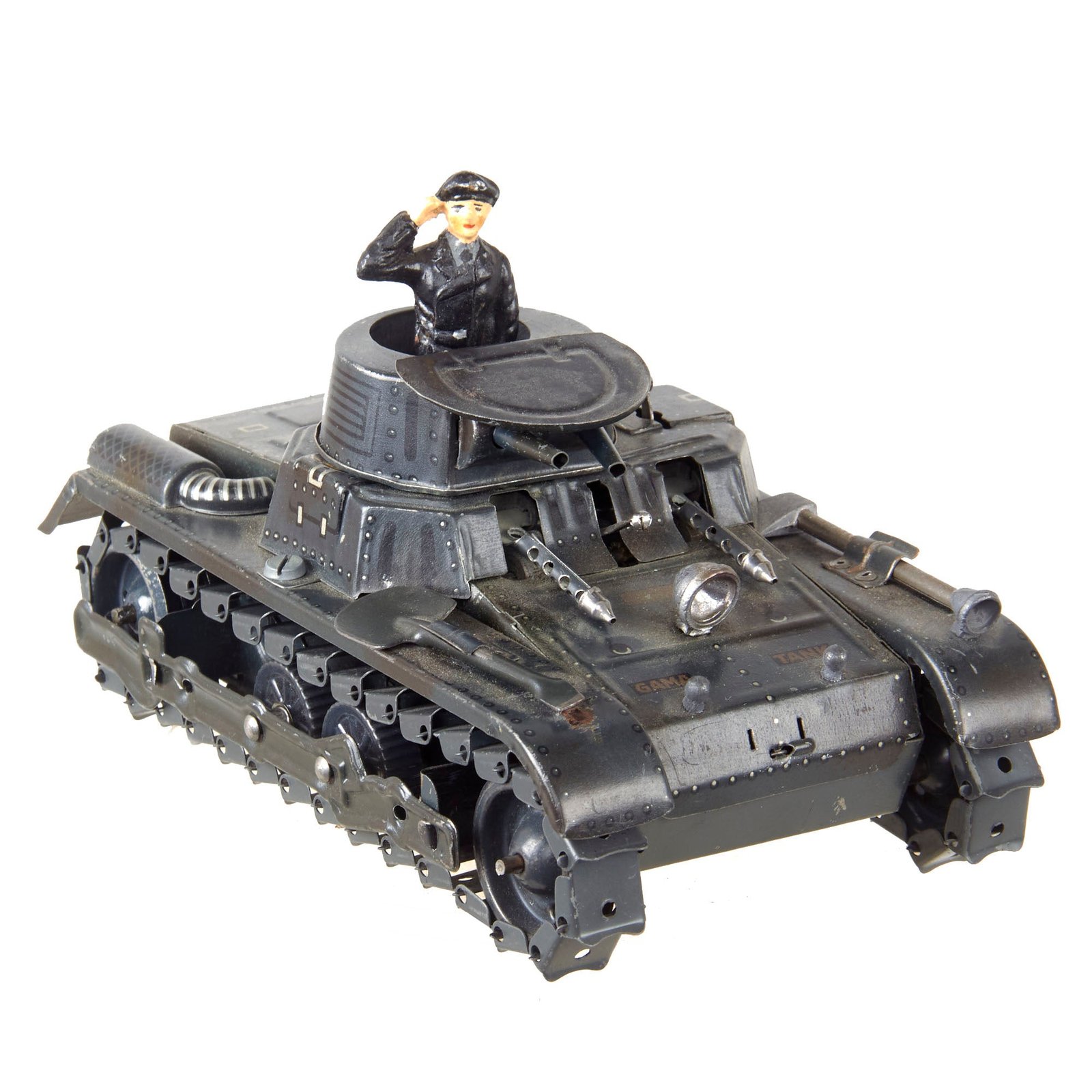 Original German WWII Gama Toy Tank DRGM Tin Litho with Panzer Trooper - Still Works but Needs Key
