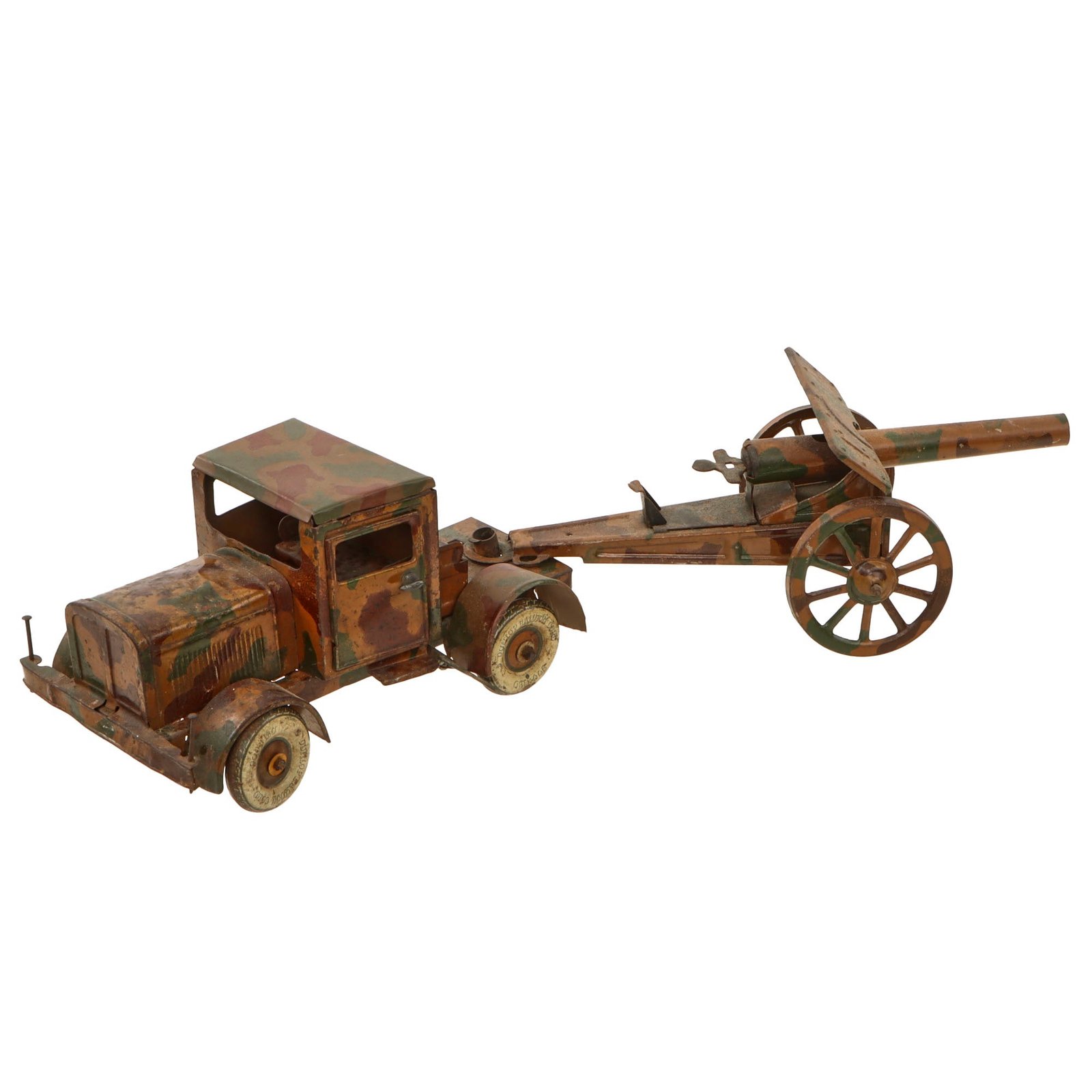 Original German Pre-WWII O&M Haußer Tinplate Litho Wehrmacht Truck with Artillery Piece in Tow with Winding Key