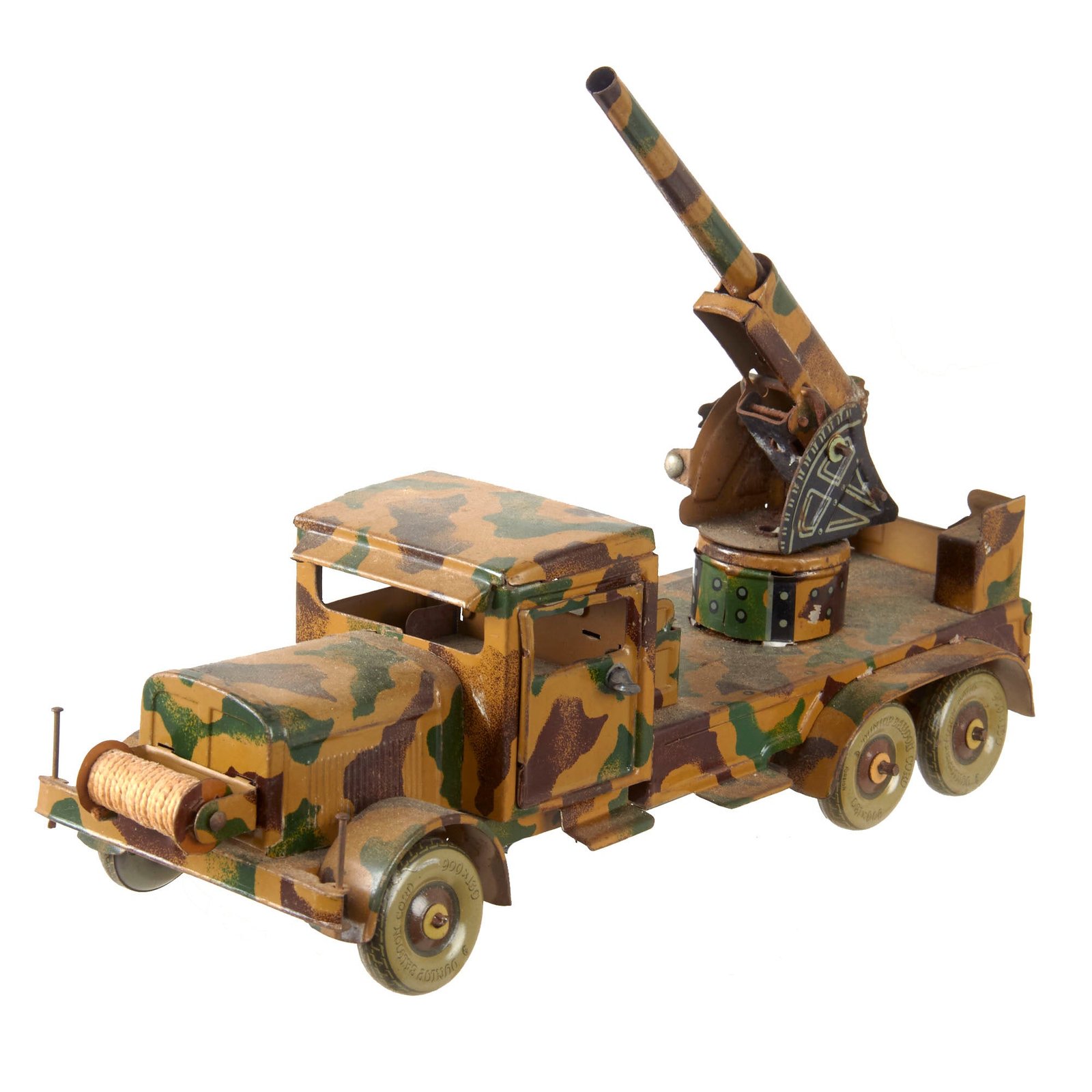 Original German Pre-WWII O&M Haußer Tinplate Litho Wehrmacht Artillery Truck Model Toy with Adjustable Gun
