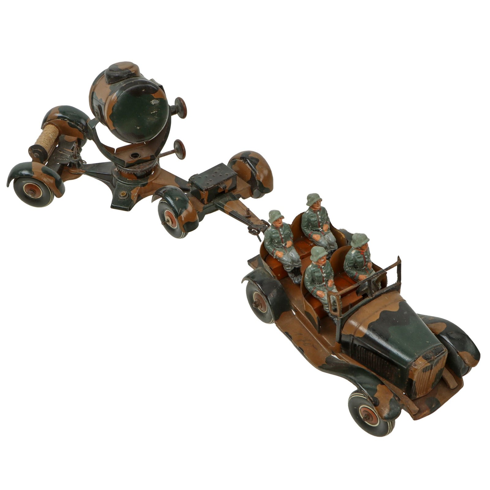 Original German Pre-WWII O&M Haußer Tinplate Litho Wehrmacht Car with Towed Searchlight Model Toy with Adjustable Light & Crew