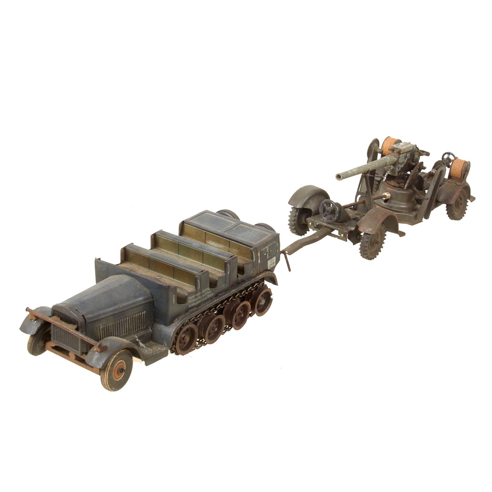 Original German Pre-WWII O&M Haußer Tinplate Litho Sd.Kfz. 11 Prime Mover with Towed Flak 88 Artillery Gun Model Toy