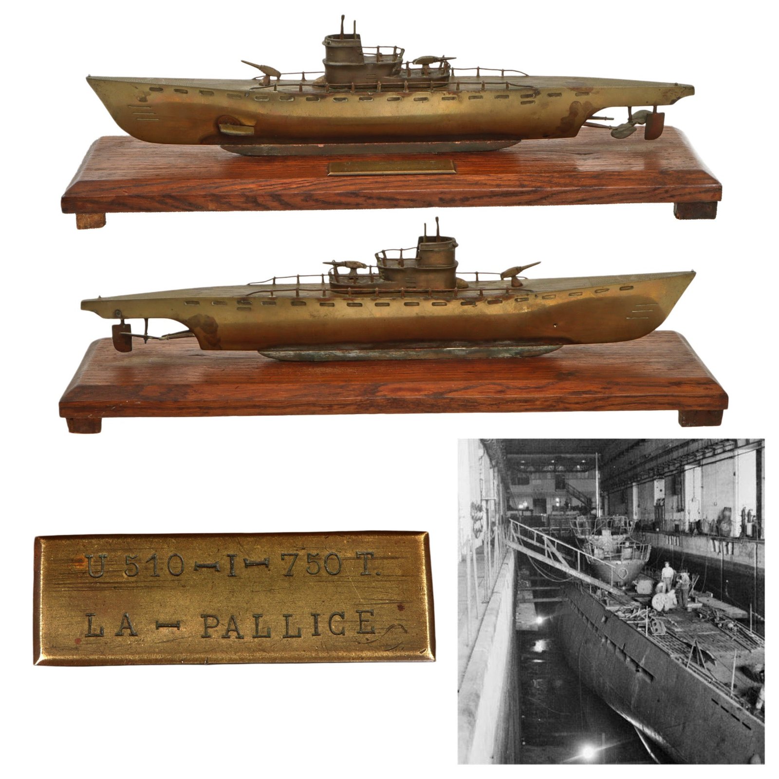 Original German WWII Brass Model of U-510 “La Pallice” Part of New Rochelle Submarine Pens Post-War After Capture - Heavy Period Model