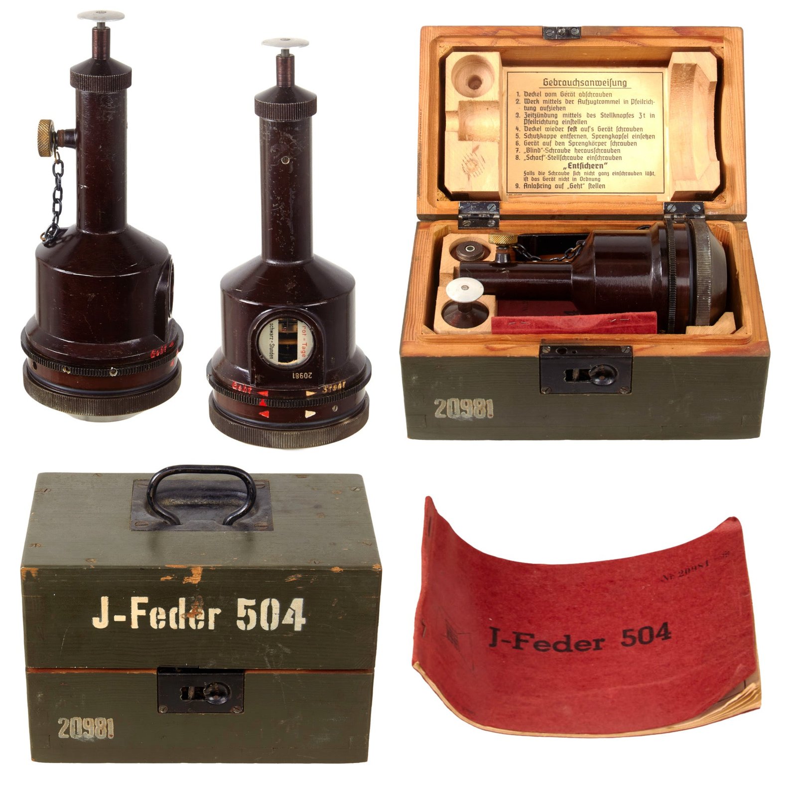 Original German WWII J-Feder 504 Time Delay Fuze in Matching Transit Chest with Matching Data Booklet - Booklet Entry Dated January 8th, 1945